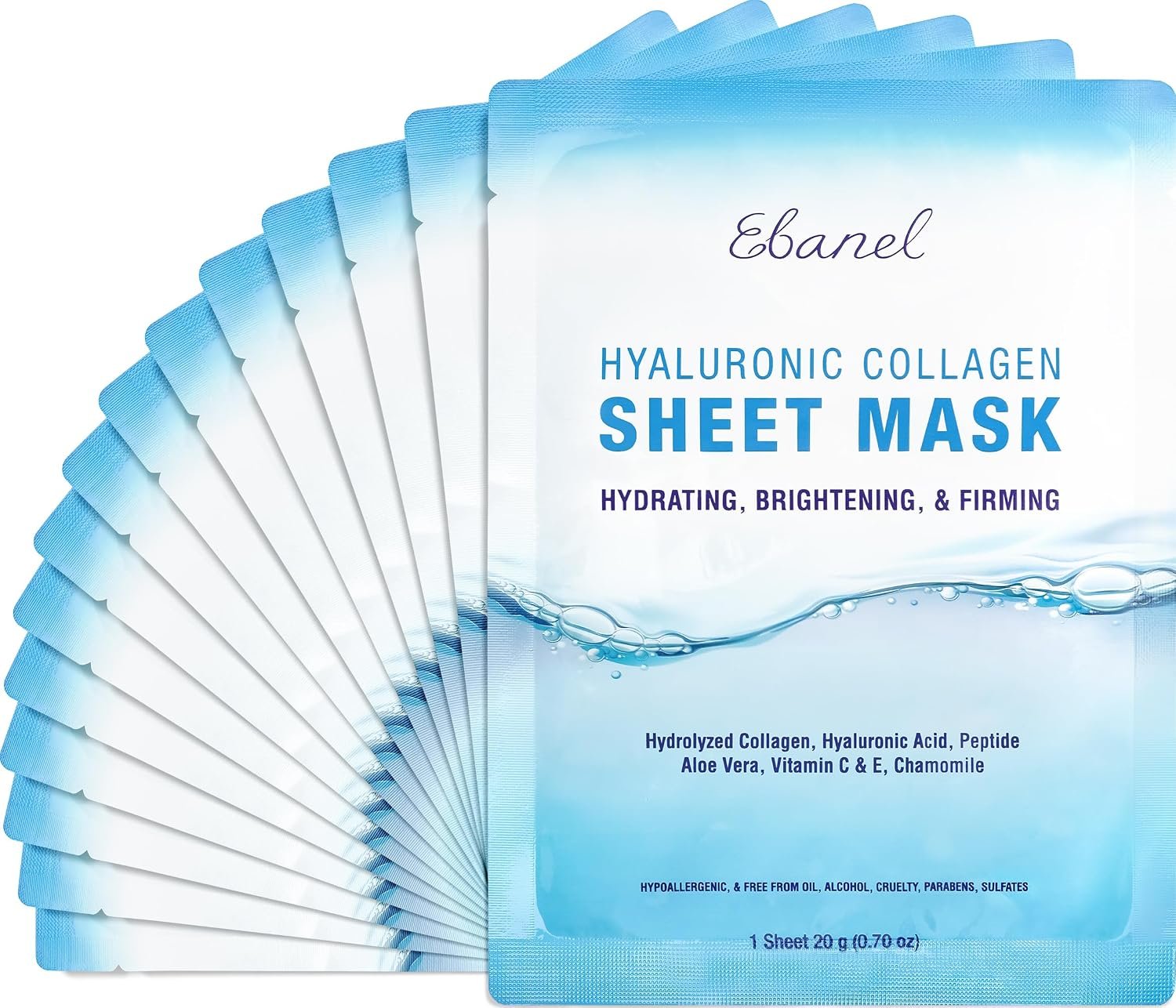 Ebanel 15-Pack Collagen Face Mask with Hyaluronic Acid, Vitamin C, Peptide | Instant Brightening Hydrating Face Masks Skincare Korean Sheet Mask, Skin Firming, Lifting Anti Aging Facial Masks
