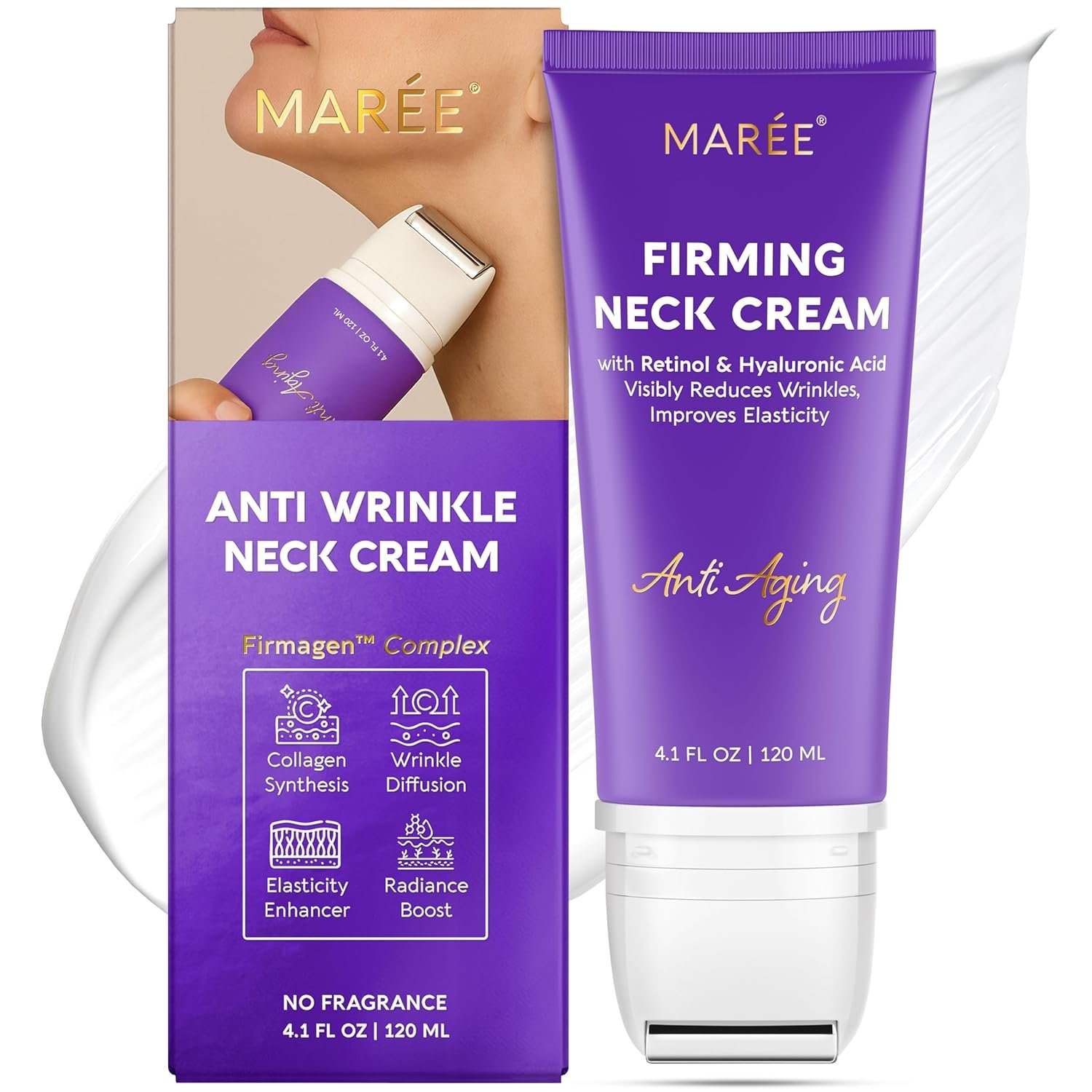 MAREE Neck Cream with Face Roller – Neck Creams For Tightening and Firming – Pro Retinol & AH-8 Firming Neck Cream Roller – Face Double Chin Wrinkle Cream for Women – Crema Reafirmante Para el Cuello