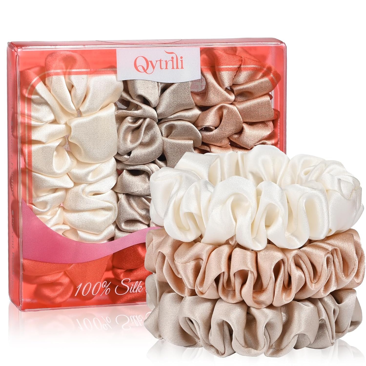 Silk Hair Ties 3 Pack 6A 100% Mulberry Silk Scrunchies 22 Momme Small Sleep Ties and No Damage No Crease for Women Girls Curly Thick Thin Hair, Sample Fabric Provided (Coral & Light Brown & Beige)