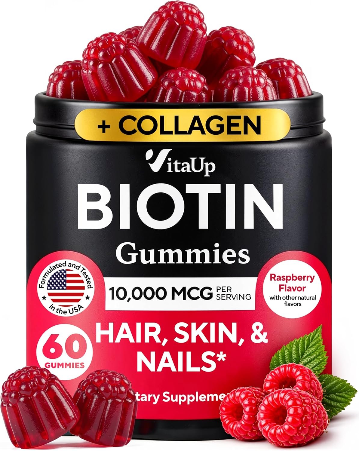 VitaUp Biotin Gummies 10000mcg for Women and Men – Extra Strength Hair, Skin and Nails Gummies with Collagen – Natural Biotin Gummy Supplement for Hair, Skin, Nails Support – 60 ct