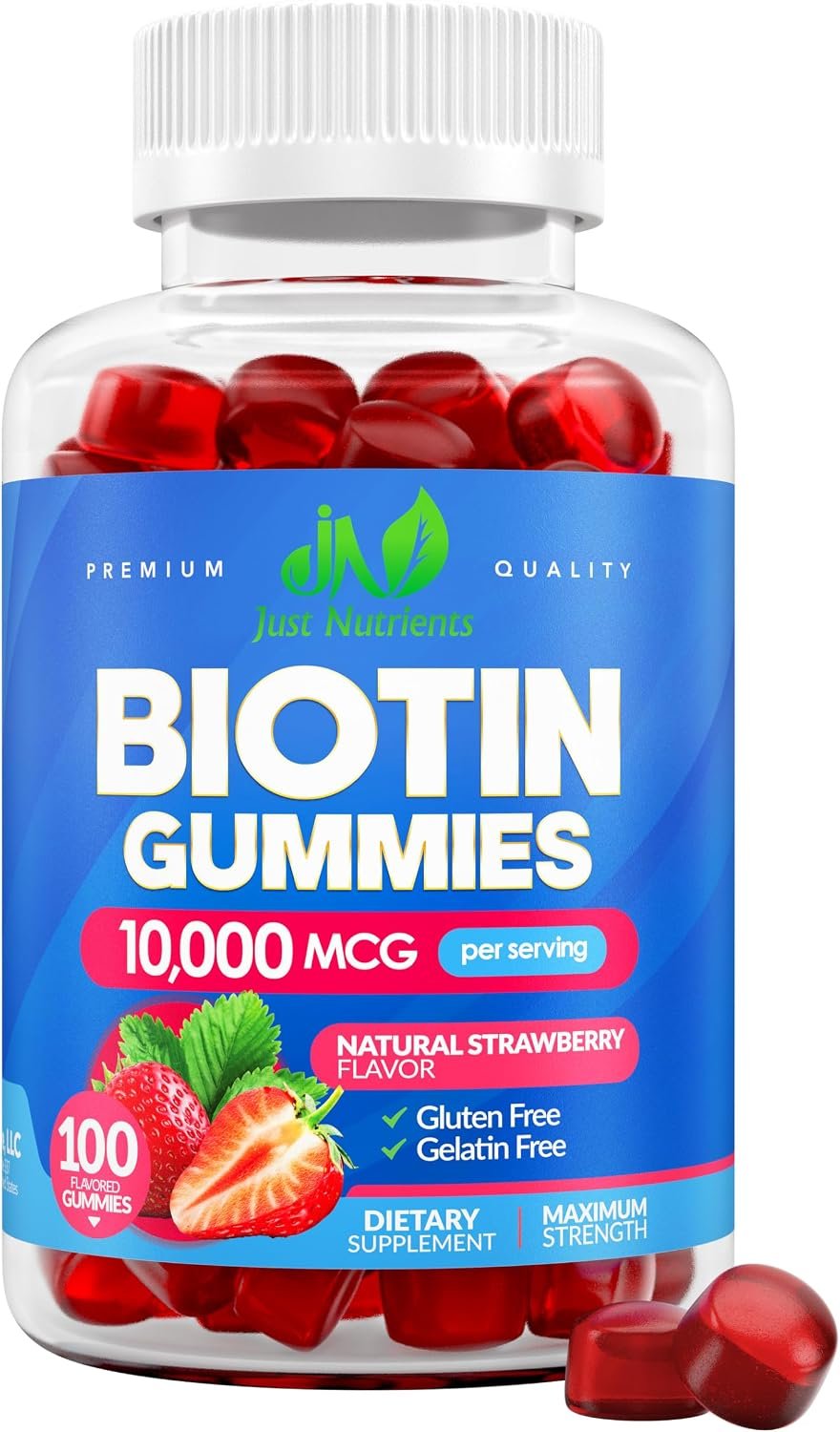 Biotin 10,000mcg Gummies for Hair Growth, Skin & Nails (100 Count) | 2x Maximum Strength Biotin Vitamins for Women & Men – Gluten-Free, Vegan, Great Tasting Strawberry Flavor