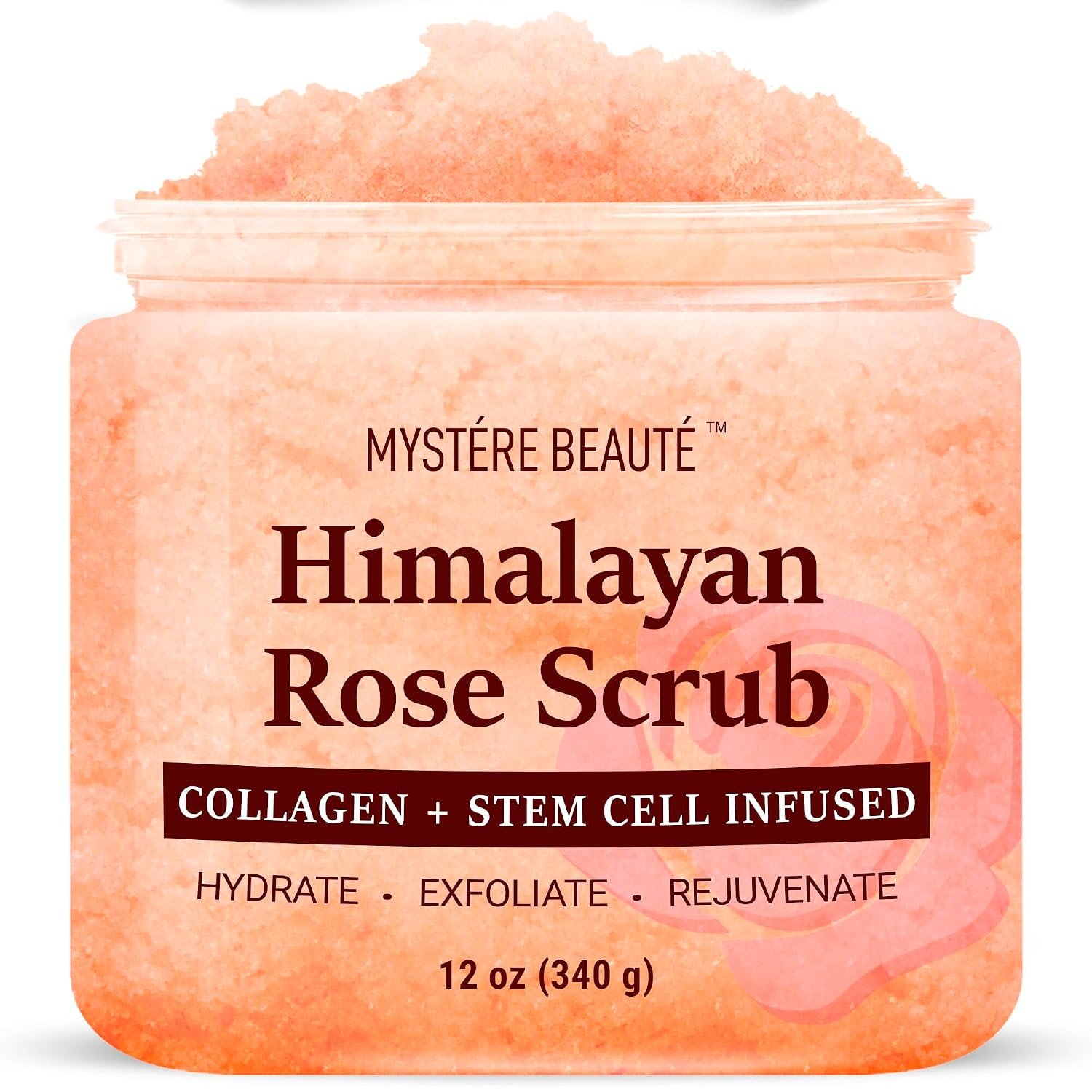 Himalayan Salt Body Scrub, Collagen & Rose Oil for Skin Cleansing, 12 fl oz | Exfoliating Scrub for Cellulite, Acne, Scars & Stretch Marks – Suitable For All Skin Types – MYSTÈRE BEAUTÉ