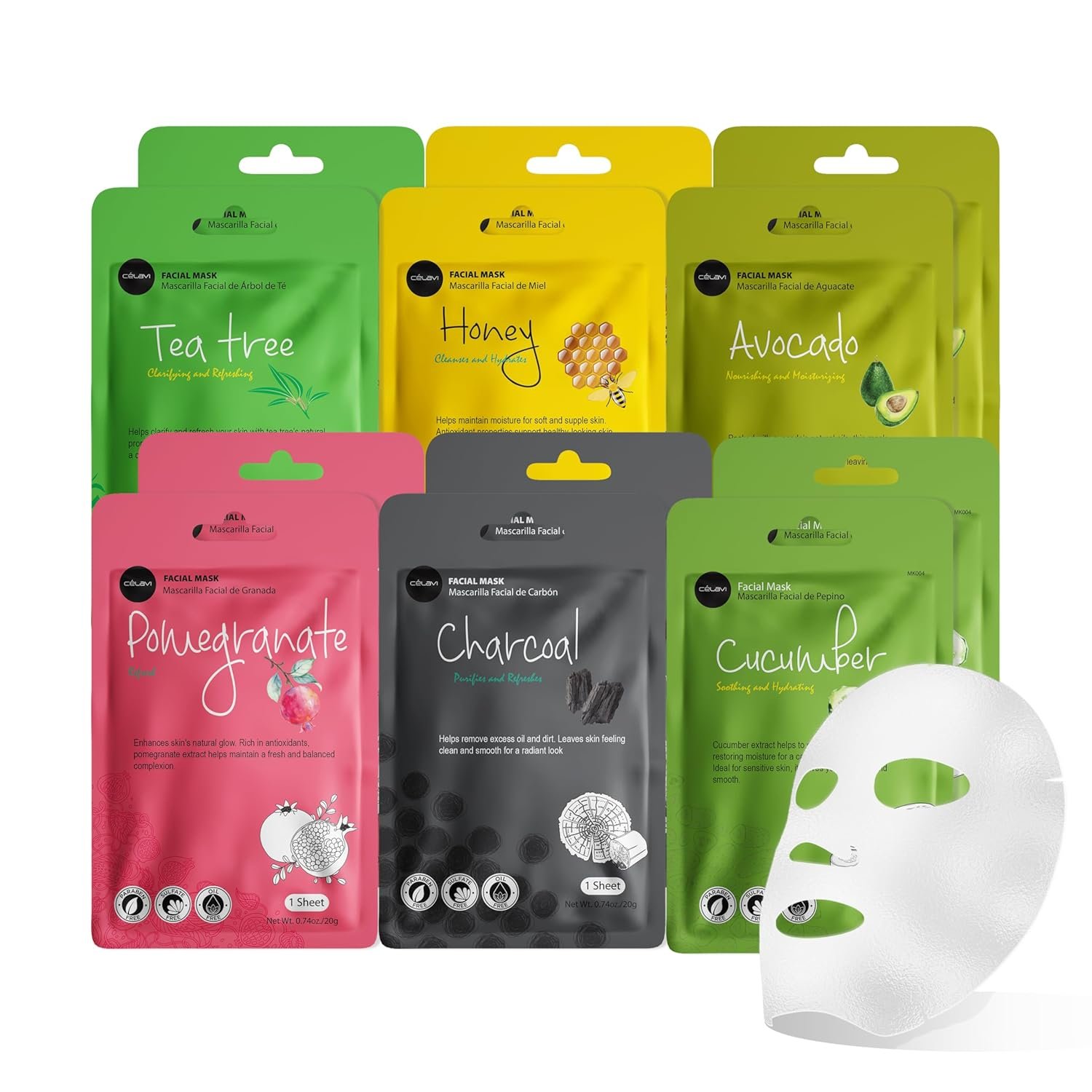 celavi Essence Facial Face Mask Paper Sheet Korea Skin Care Moisturizing 12 Pack (Mix – 2 of Each) | Twelve Korean essence masks for men, two each of six formulas. Charcoal, tea tree, cucumber, honey, avocado, pomegranate.