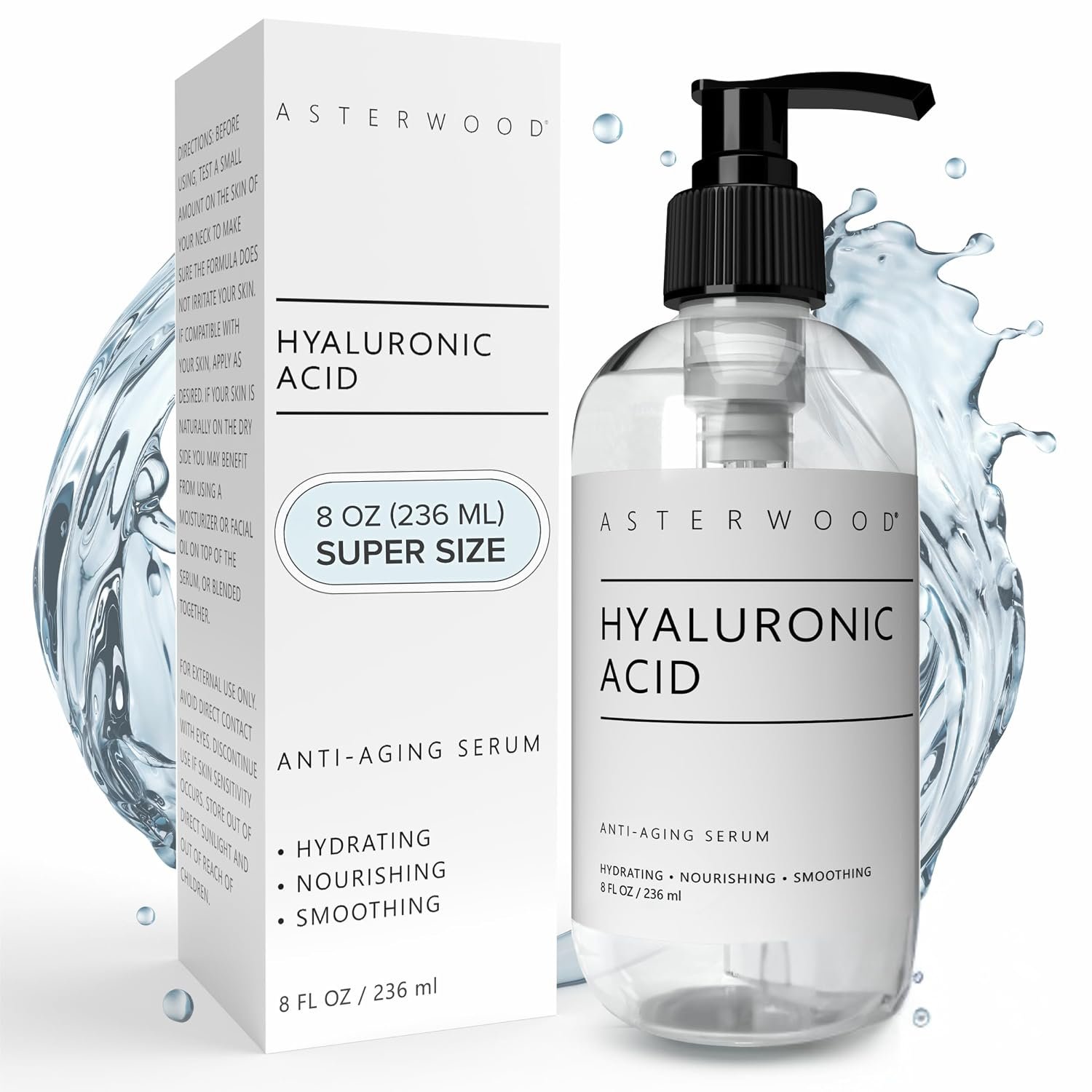 Asterwood Pure Hyaluronic Acid Serum for Face, Anti-Aging & Hydrating | Deep Hydrating, Plumping & Smoothing Serum, Cruelty-Free, Fragrance-Free & Vegan, 8 Fl Oz