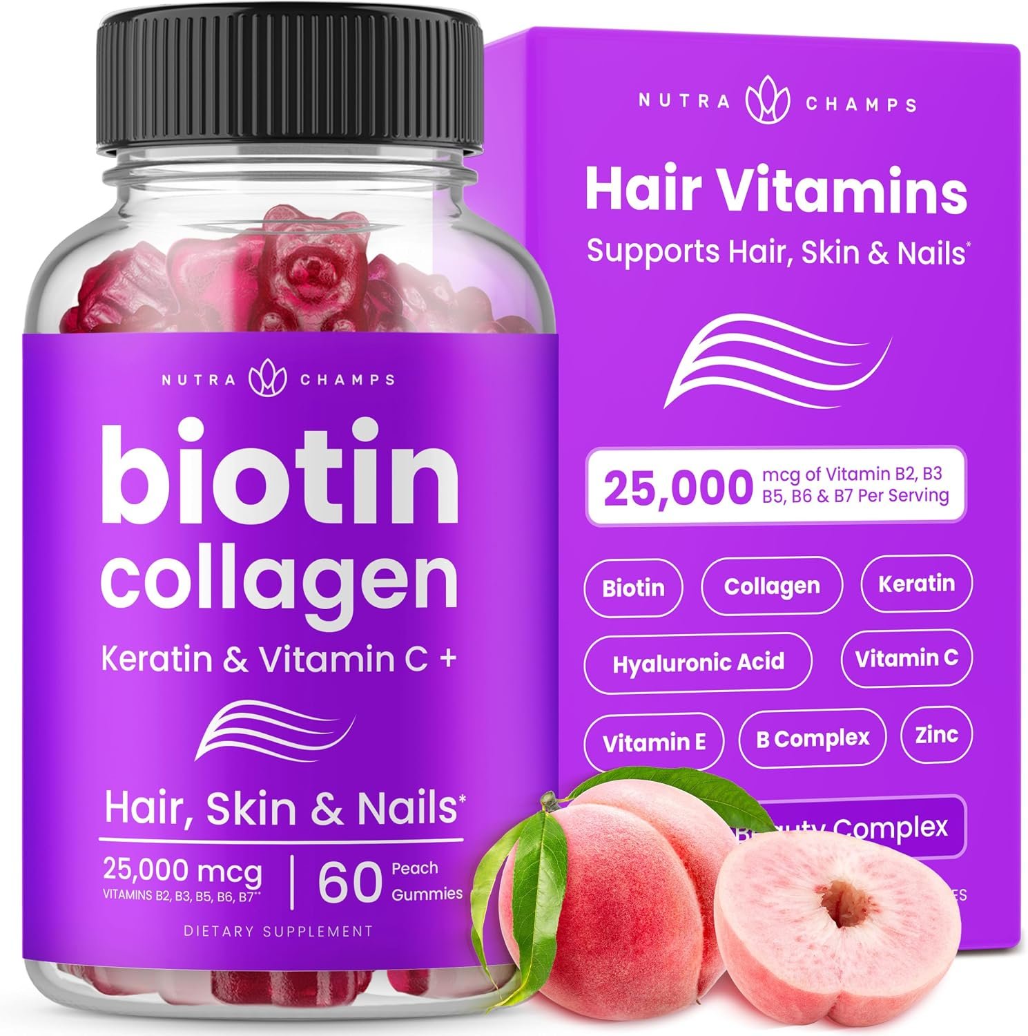NutraChamps Biotin Gummies 10,000mcg with Collagen, Keratin & More – Hair Skin and Nails Vitamins for Women & Men – Support Normal Hair Growth Cycle – Enhanced with Vitamin C, D3, Zinc