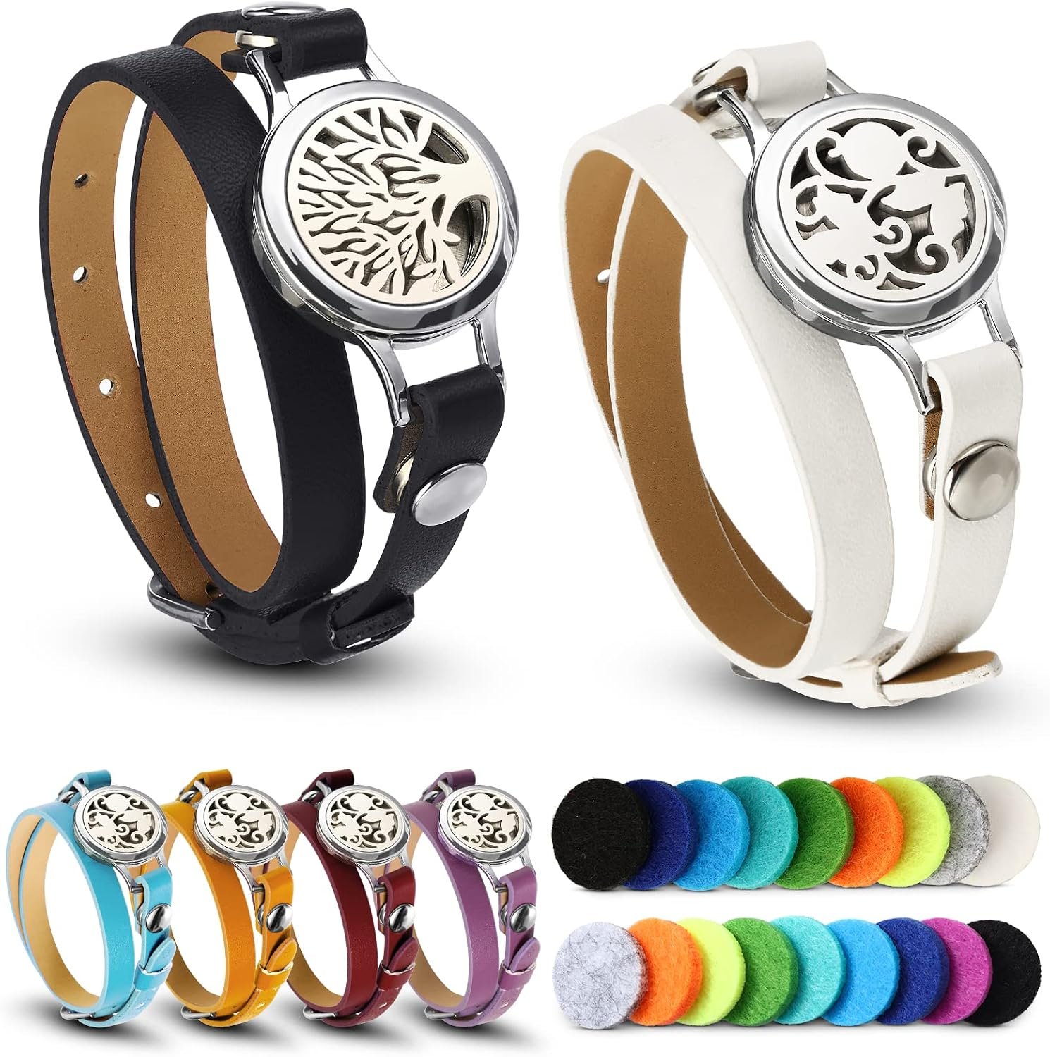 2 Pcs Essential Oil Diffuser Bracelet Aromatherapy Fragrance Locket Bracelet Adjustable with 6 Replacement Leather Band and 18 Refill Pad Gift Set for Women Girls Wife Friend Christmas Birthday