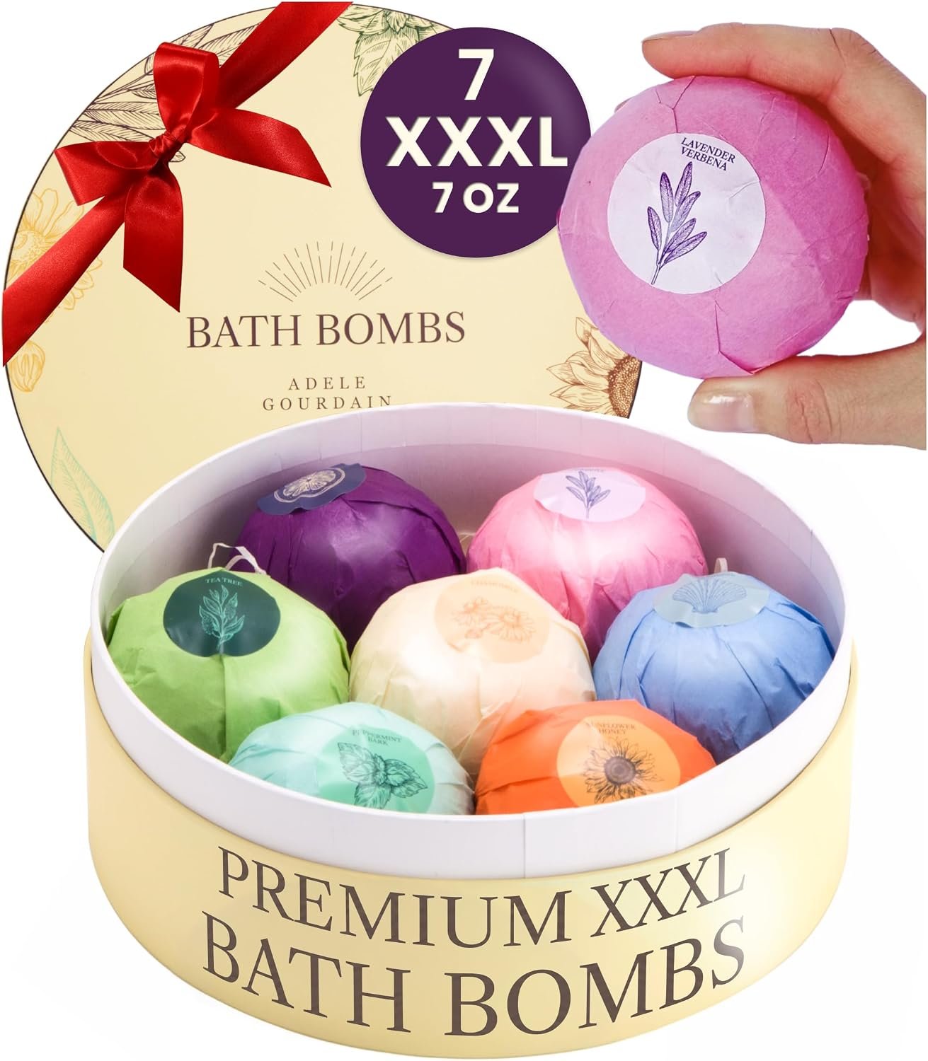 XXXL Bath Bombs for Women Gift Set, 7 Pack, Spa Scents, Adelegourdain | 7 Scents – Arrives in Gift Box – XXXL (200g) – Long-lasting Fizz & Scent – Non-Staining – For Birthdays, Mothersday and More