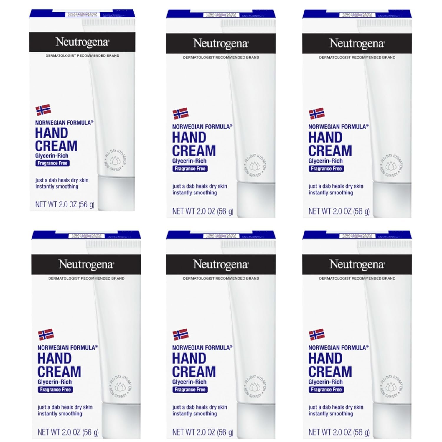 Neutrogena Norwegian Formula Hand Cream, Fragrance Free, 6 x 2 oz | Glycerin, For Dry Hands, Concentrated Relief, Over 200 applications