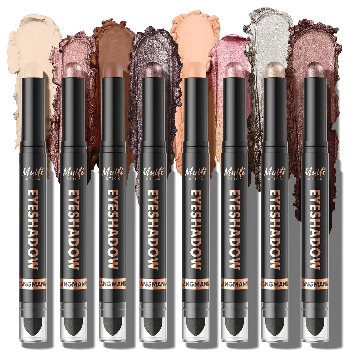 LANGMANNI 8 Color Waterproof Dual-Ended Eyeshadow Stick Set, Eye Makeup #A | 8 color cream shadow sticks, matte shimmer, waterproof, transfer-proof, blender brush, smoky eye, travel makeup, beginners