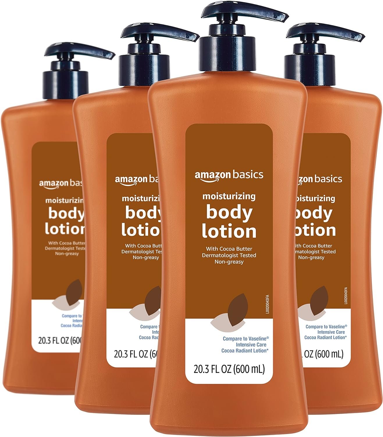 Amazon Basics Moisturizing Cocoa Butter Body Lotion for Dry Skin, Non-Greasy, Paraben Free, Lightly Scented, 20.3 Fl Oz, 4-Pack