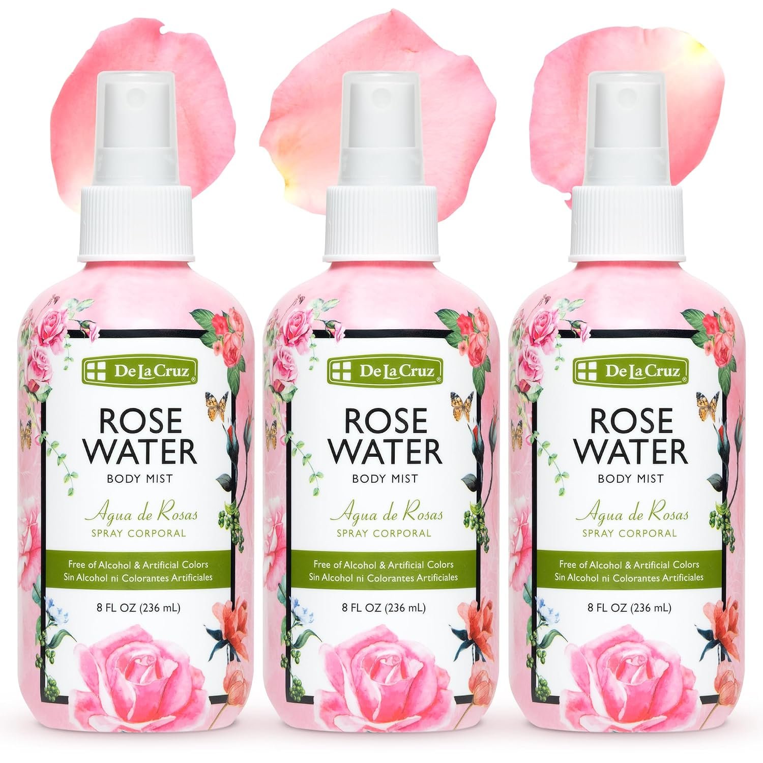 De La Cruz Pure Rose Water Body Mist,Rosewater Spray for Face, Skin & Hair, Rose Toner & Rose Water for Hair Alcohol Free, Paraben Free 8 fl oz (3 Bottles)