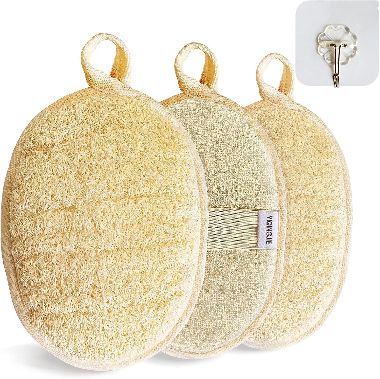 YIQINGJIE Natural Loofah Sponge Exfoliating Body Scrubber (3 Pack),Made with Eco-Friendly and Biodegradable Shower Luffa Sponge, Loofah for Women and Men, Beige
