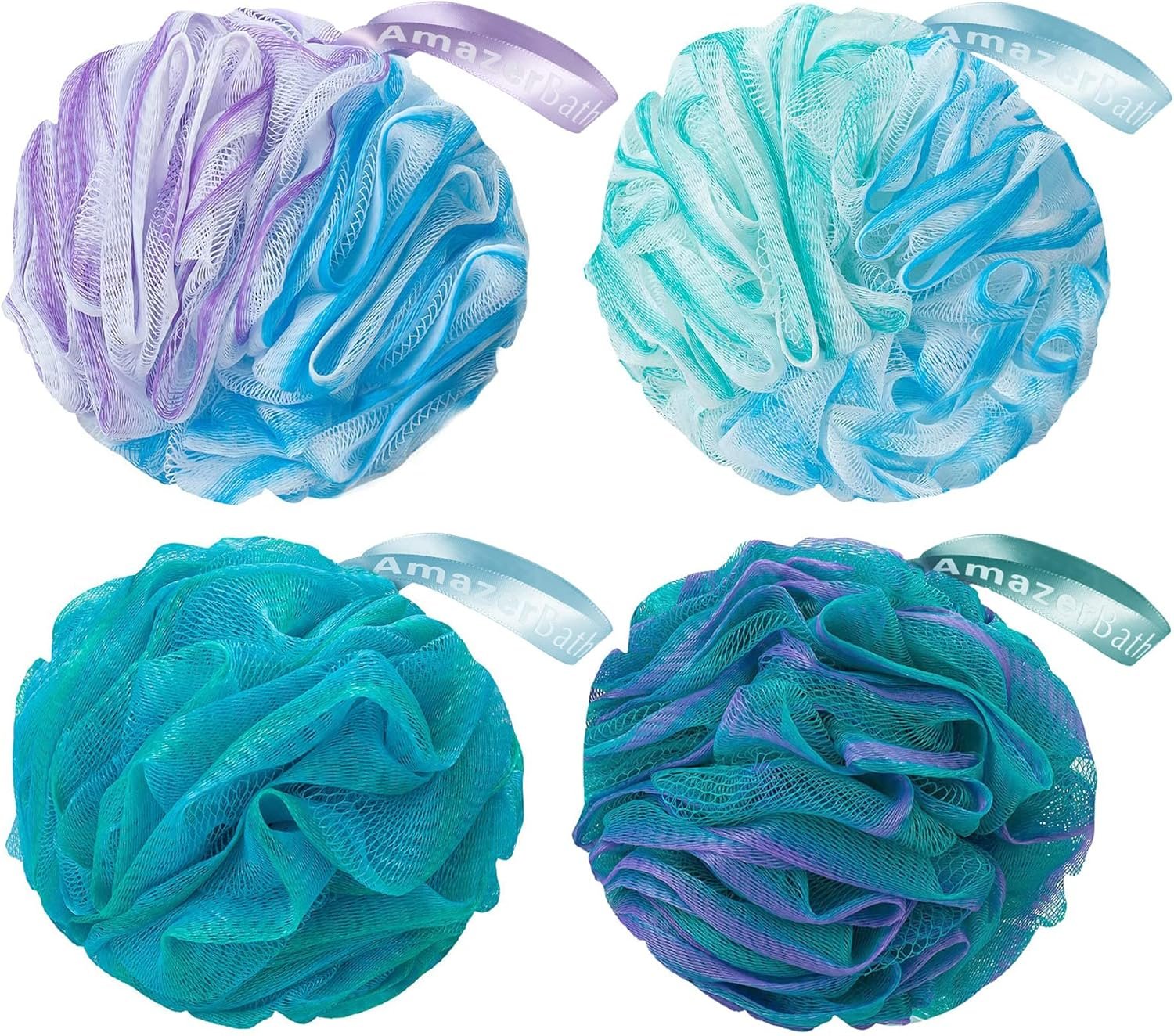 AmazerBath Loofah Sponge 60g/Piece, Exfoliating Bath Sponge Body Scrubber – Loofa Set of 4 Flower Color (Green-Purple)
