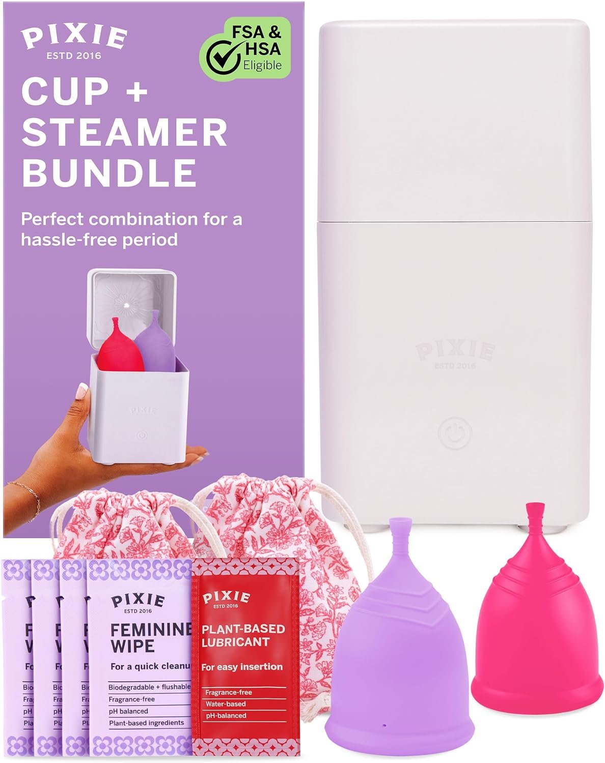 Pixie Menstrual Cups with Sterilizer – The Most Comfortable Soft Reusable Period Cup – Kills 99.9% of Germs with Clean Steam – Wash Your Cup in 3 Minutes! – Compact Sanitizer Kit for Feminine Care