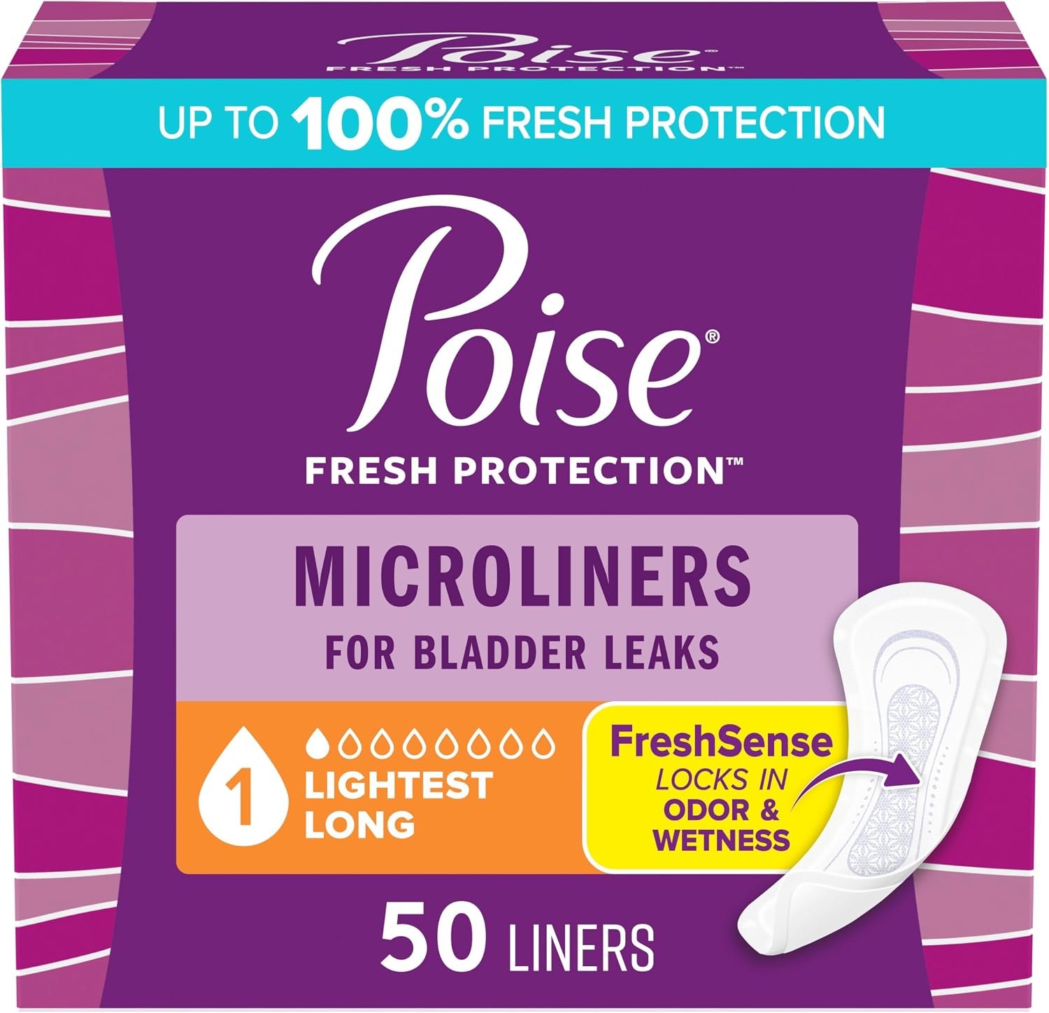 Poise Daily Microliners, Incontinence Panty Liners for Bladder Leaks, 1 Drop Lightest Absorbency, Long Length, 50 Count of Pantiliners