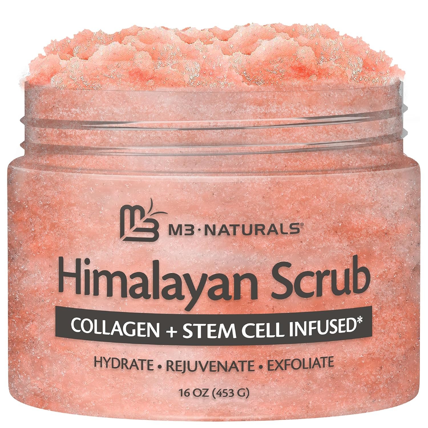 Exfoliating Himalayan Salt Scrub with Collagen & Stem Cells, 16 oz by M3 | Himalayan Pink Salt Scrub for Smoothing & Exfoliation, Softens, Refreshes & Improves Skin Texture for Face, Feet & Body