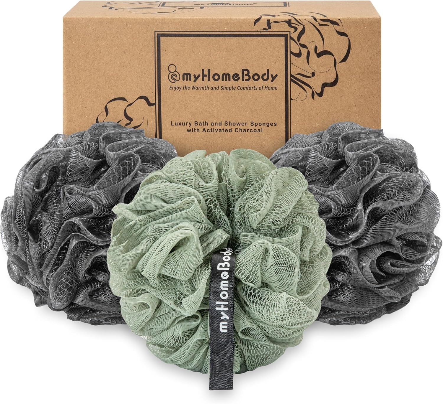 myHomeBody Large 70g Loofah Sponge, 2 Graphite Gray + 1 Sage Green, 3 Pack | Exfoliating Shower Pouf with Activated Charcoal, Bath Body Scrubber for Women, Men, Shower Loofah, Body Wash, Loofah Sponge