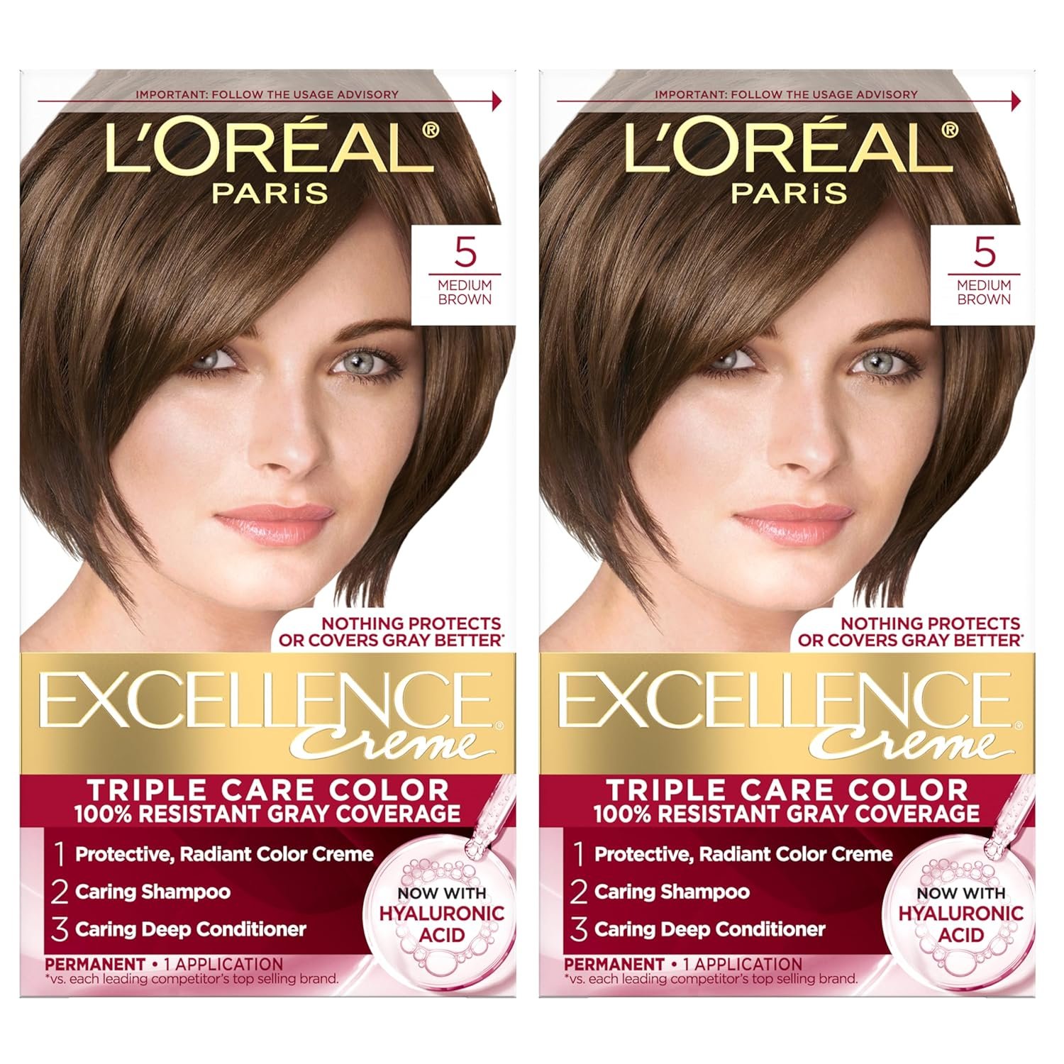 L’Oreal Paris Excellence Crème Permanent Hair Dye, Triple Care Hair Color with Hyaluronic Acid for 100% Gray Coverage, 5 Medium Brown, 1 Kit (Pack of 2) (Packaging May Vary)