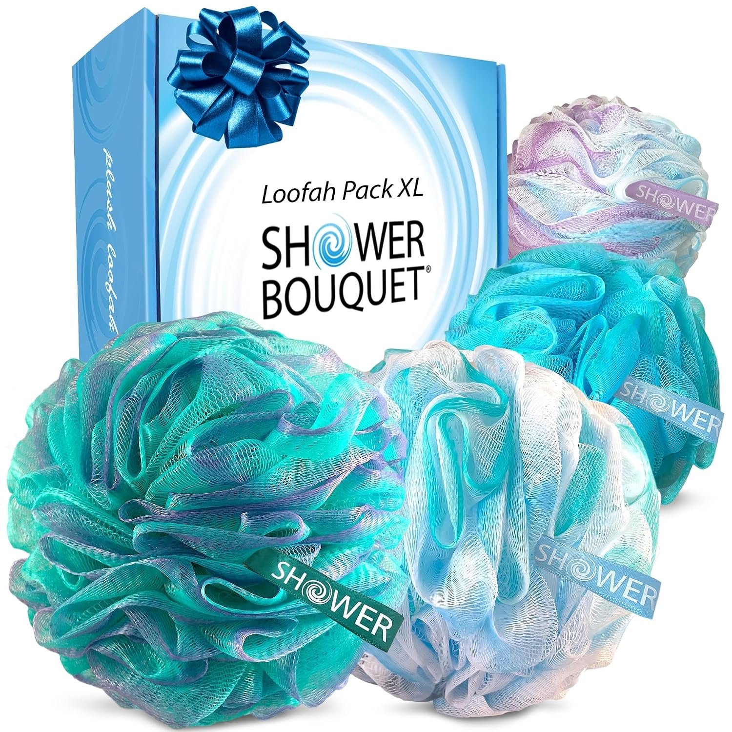 Loofah-Bath-Sponge XL Swirl-Mix-Color 4-Pack Extra-Large 75g | Mesh Luffa Loufa Loofa Puff Pouf Set / Exfoliating Body Scrubber for Lufas Women and Men – Face & Body Shower Loofah Sponge