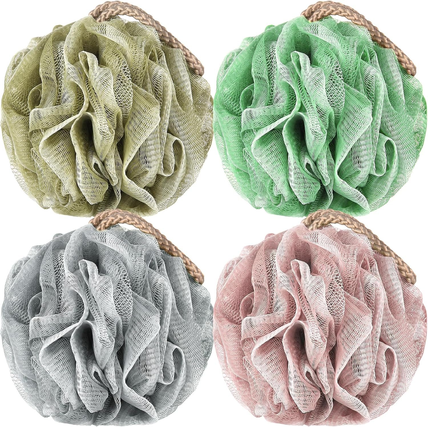 Loofah Sponge Pack of 4, Deep Cleansing Body Scrubber for Shower, Exfoliating Bath Sponge with Handle for Women and Men (001, 50g)