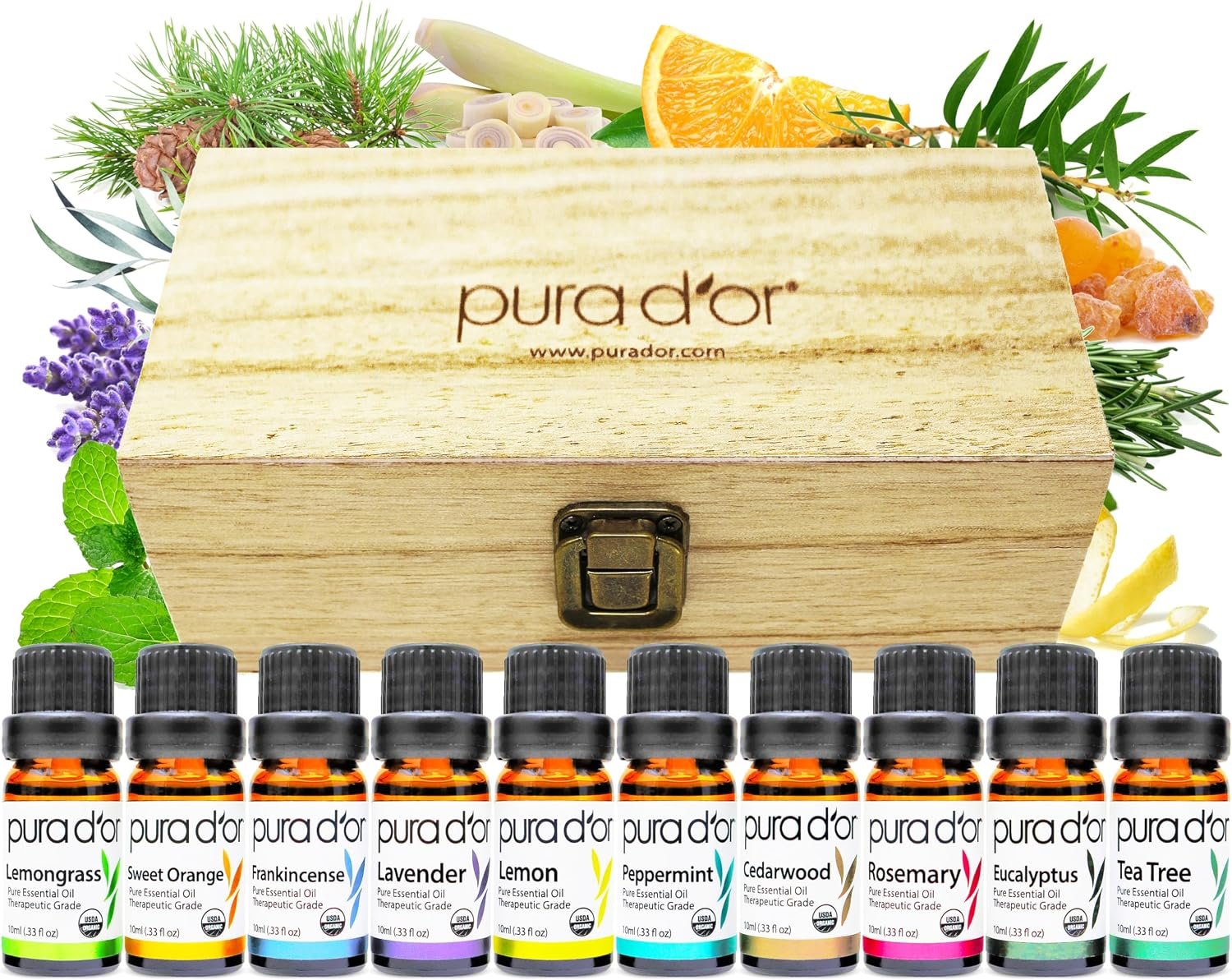 PURA D’OR Organic Perfect10 Essential Oils Aromatherapy Box Set, 10mL x10 | Diffuser Blends, Gift-Ready Wood Case, USDA Certified, 100% Pure, Massage, DIY Beauty, Home Fragrance, Relaxation Routine