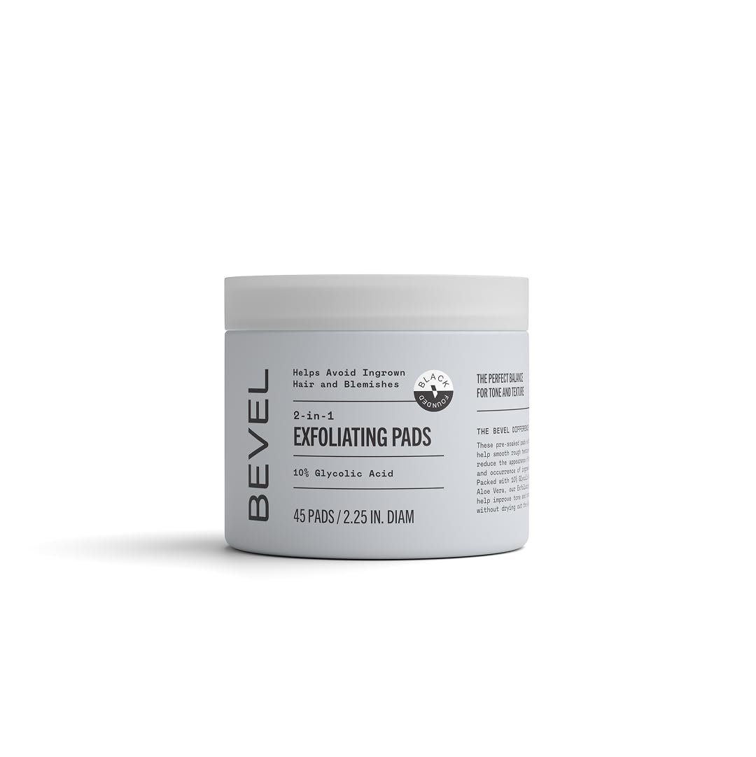 Bevel 10% Glycolic Acid Toner Pads for Face, Helps Remove Dead Skin Cells and Reduce Ingrown Hairs for Even Skin Tone and Texture, 45 Count (Packaging May Vary)