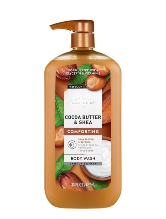 Essentials Cocoa Butter + Shea Moisturizing Body Wash with Glycerin & Vitamin E for Hydrating Skin, 30 FL OZ Pump
