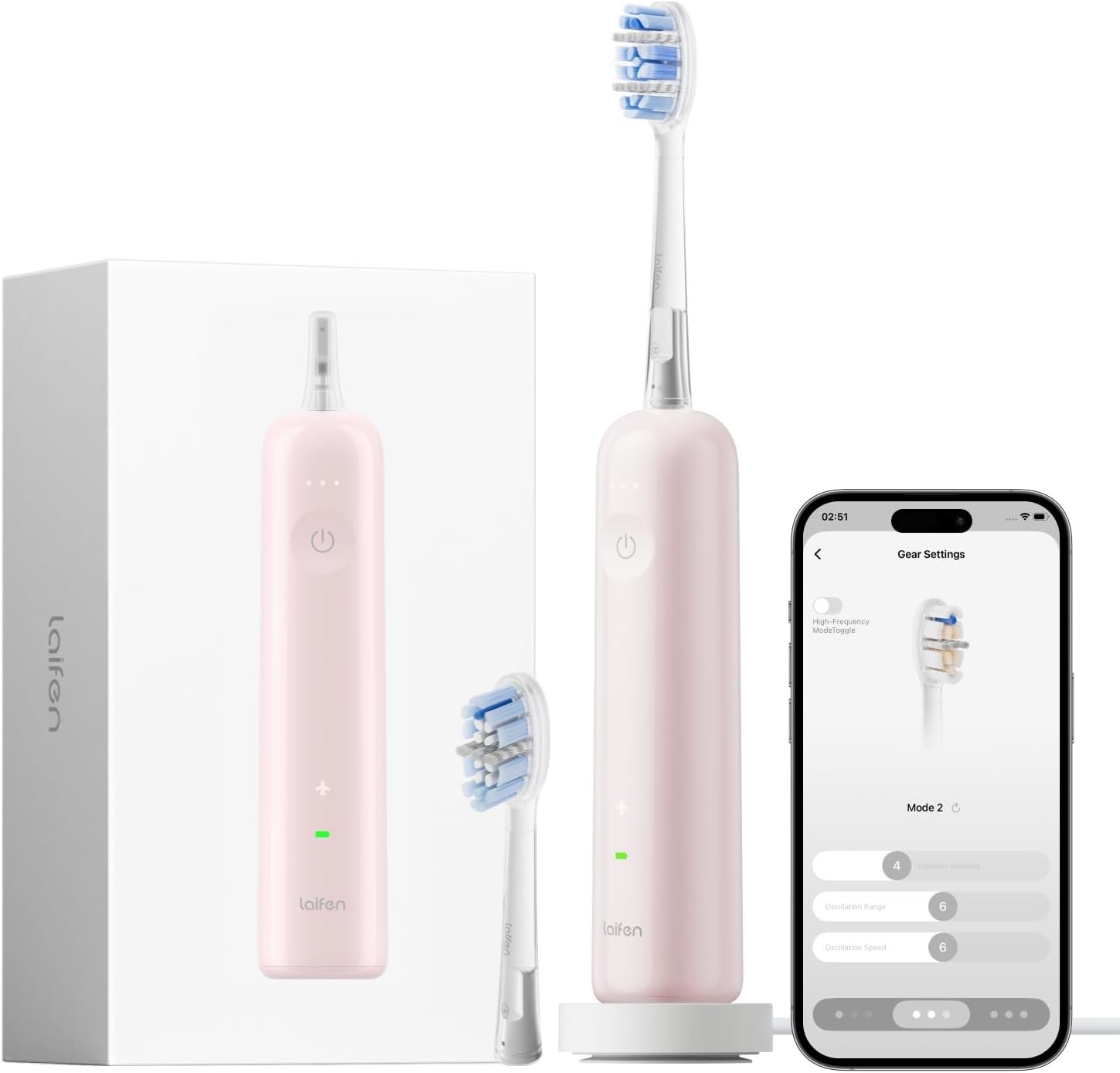 Laifen Wave Pro Toothbrush, 60° Oscillation & Pressure Sensor, Pink ABS | ABS Material, APP Connectivity, 2 Replacement Brush Heads, 70-Day Battery, Travel Friendly, Wireless Charging, Easy Grip