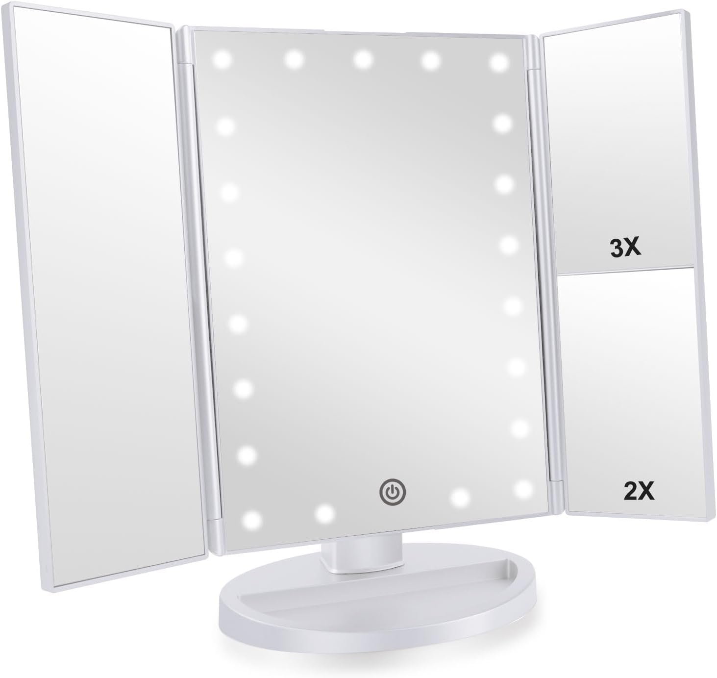 Infitrans Trifold Makeup Mirror Vanity Mirror with Lights,1X 2X 3X Magnification,Touch Control,Adjustable Rotation,Dual Power Supply,Portable Travel Cosmetic Mirror,Birthday Gifts for Women,Teengirls