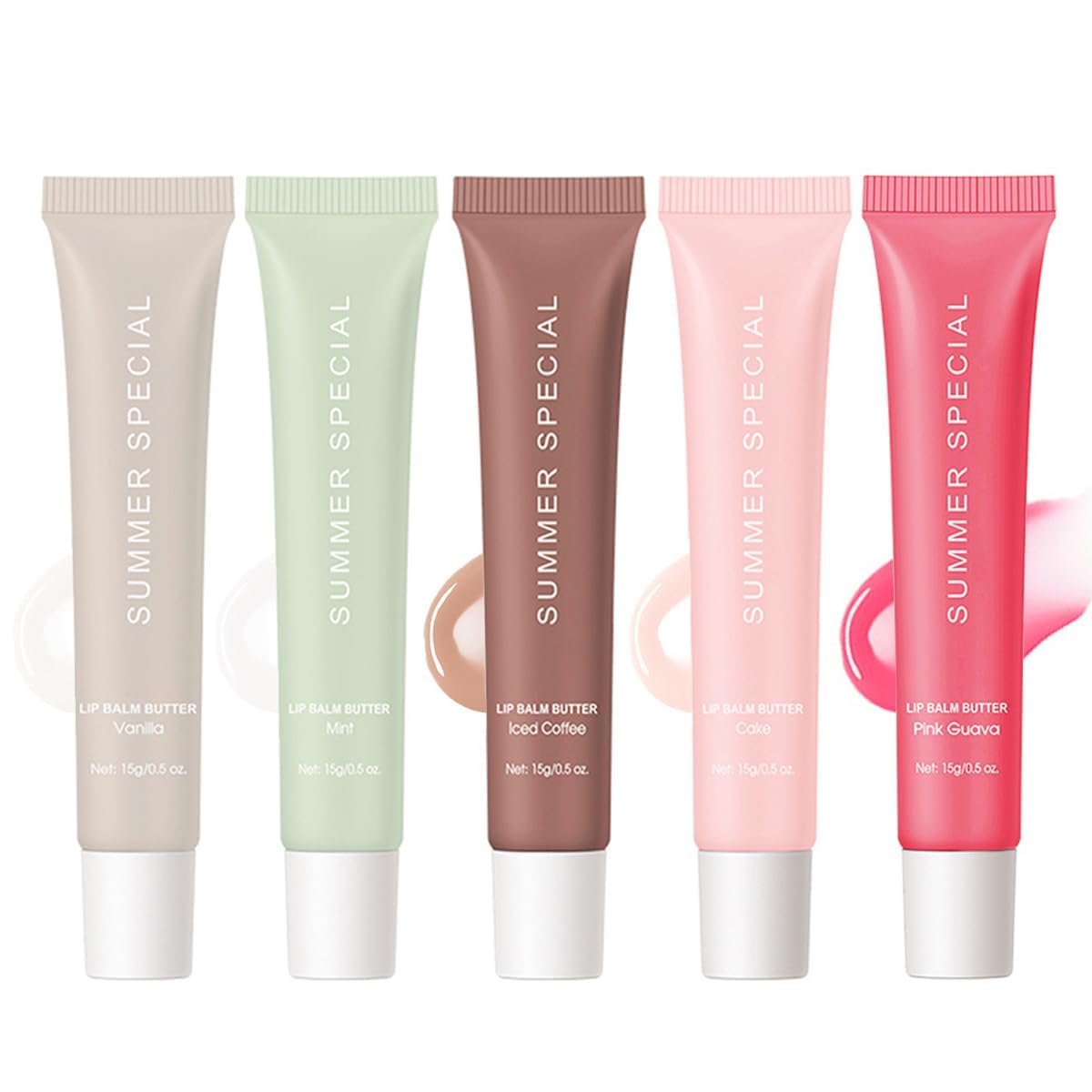 5 PCS Summer Special Lip Butter Hydration Lip Gloss with Shea Butter & Olive Oil Soothes Dry Lips and Lip Care Lip Balm with Natural Tint & Gloss Effect Lip Stain Vanilla/Mint/Iced Coffee/Cake/Guava