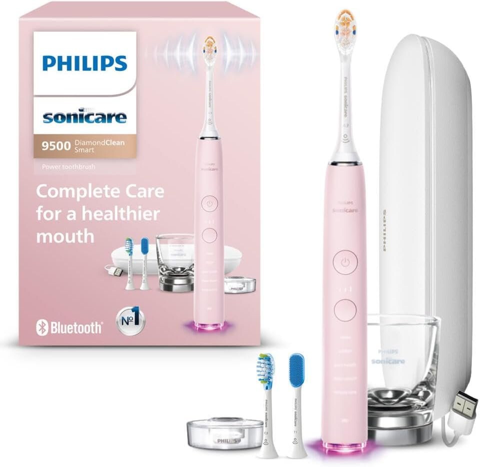 Philips Sonicare DiamondClean 9500 Electric Toothbrush 3 Brush Heads, Pink | 2000% More Plaque Removal¹, Visual Pressure Sensor, 15 Brush Setting, App Connected, 14-Day Battery, Charging Case, HX9923/21