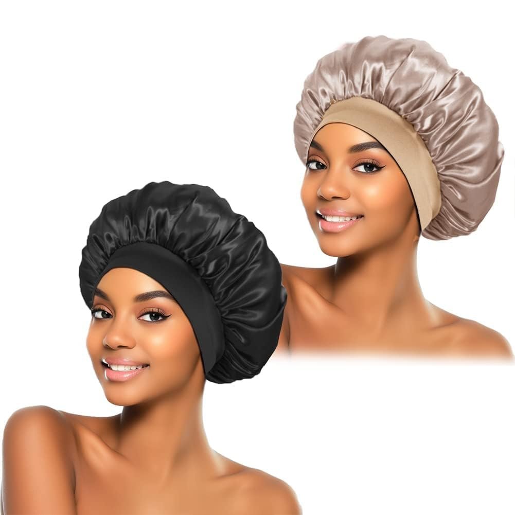 ZHENSILK 2Pcs Silk Bonnet for Sleeping, Satin Hair Bonnets, Soft Elastic Band Silk Sleep Cap, Hair Wrap for Women (Black Gold) | Smooth Satin Hair Bonnets, Comfortable Sleep Caps and Hair Wraps for Curly Natural Hair and Overnight Care