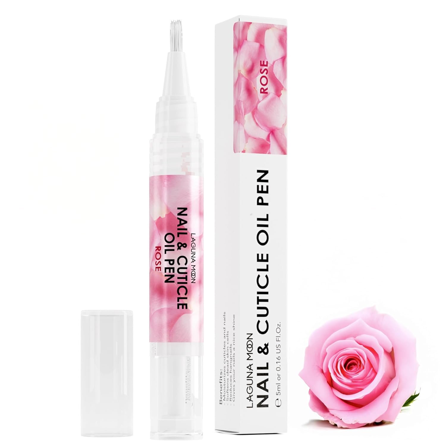 Cuticle Oil Pen for Nail – Lagunamoon Nail Oil for Nail Care & Nail Growth – Nourish, Soothe & Moisturize Damaged Nails – Rose, 5 ml