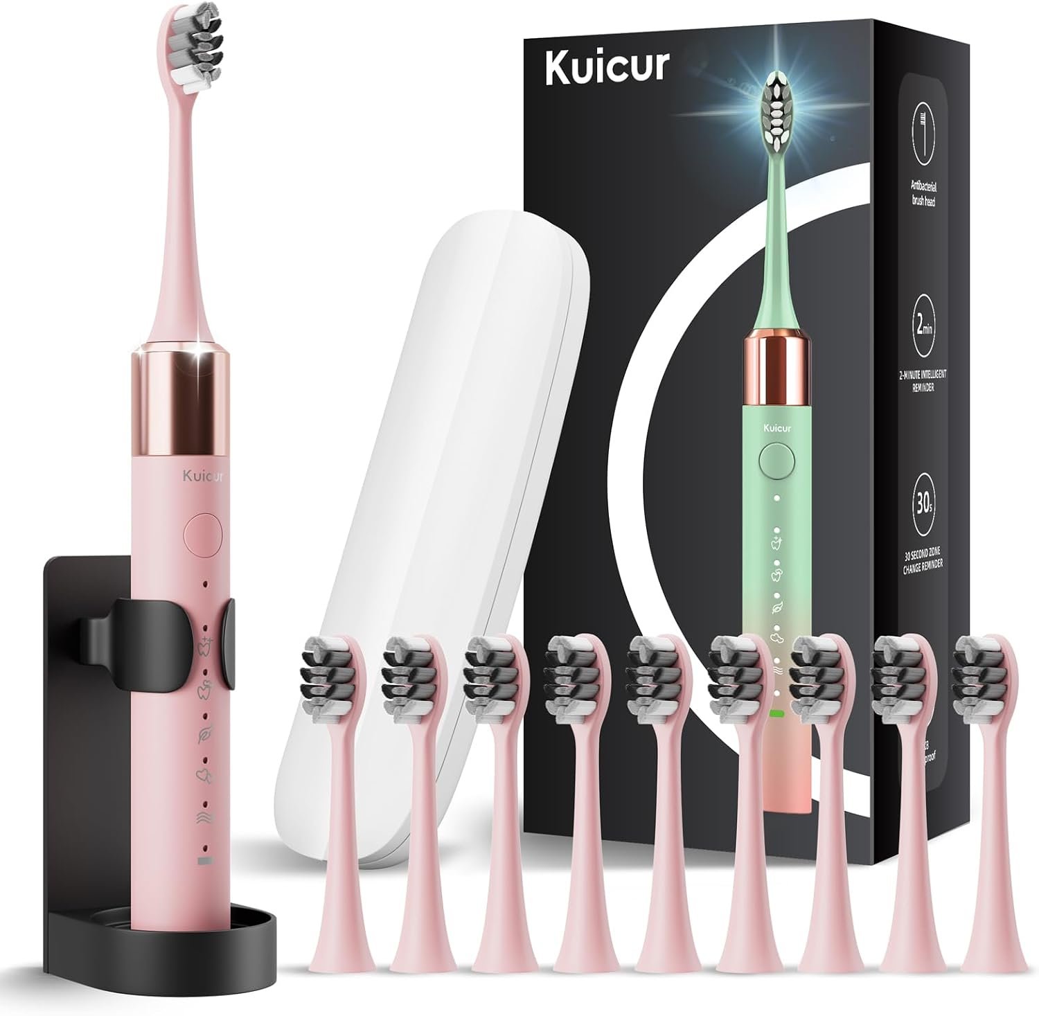 Kuicur Sonic Electric Toothbrush for Adults & Kids, Rechargeable Electric Toothbrush with 10 Brush Heads & Travel Case, Teeth Whitening, Power Tooth Brush with Holder, Charge for 120 Days – Pink