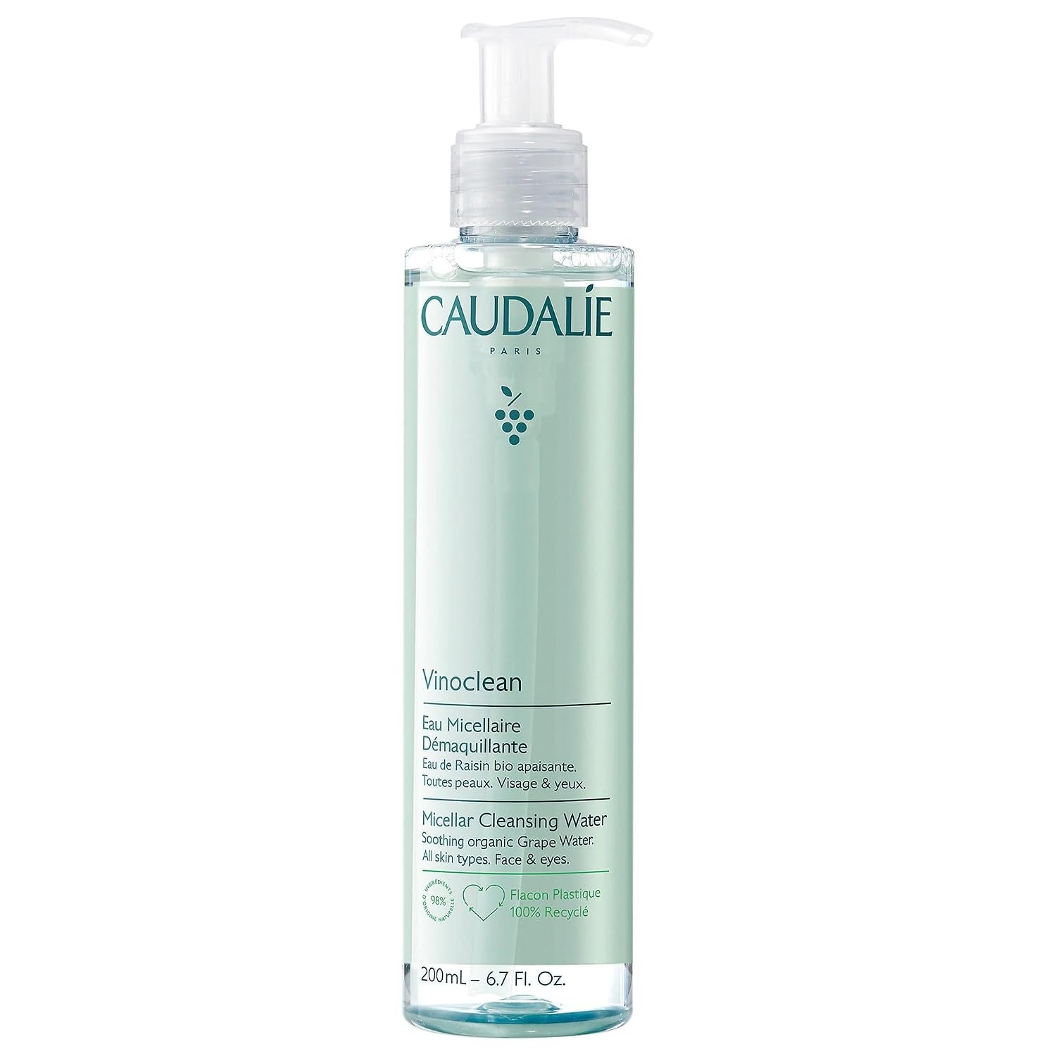 Caudalie Vinoclean Micellar Cleansing Water – 200 mL | Natural micellar water that removes makeup, cleanses, hydrates, and soothes skin in one step for a fresh, clean complexion.