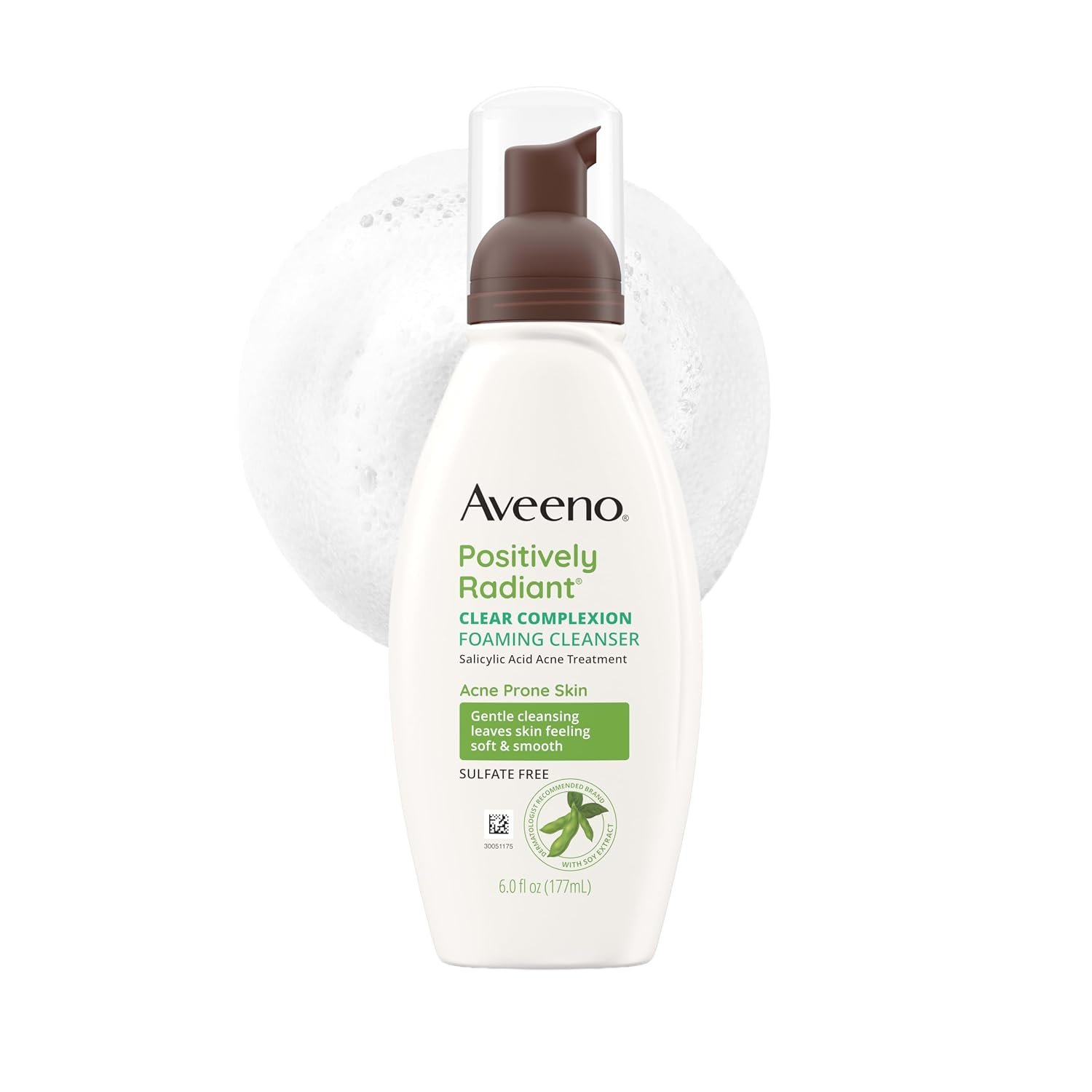 Aveeno Positively Radiant Clear Complexion Foaming Face Cleanser, 6 fl. oz | Facial Cleanser with Soy Extract & 0.5% Salicylic Acid, Acne Treatment Face Wash, Oil-Free, Hypoallergenic, No Added Sulfates