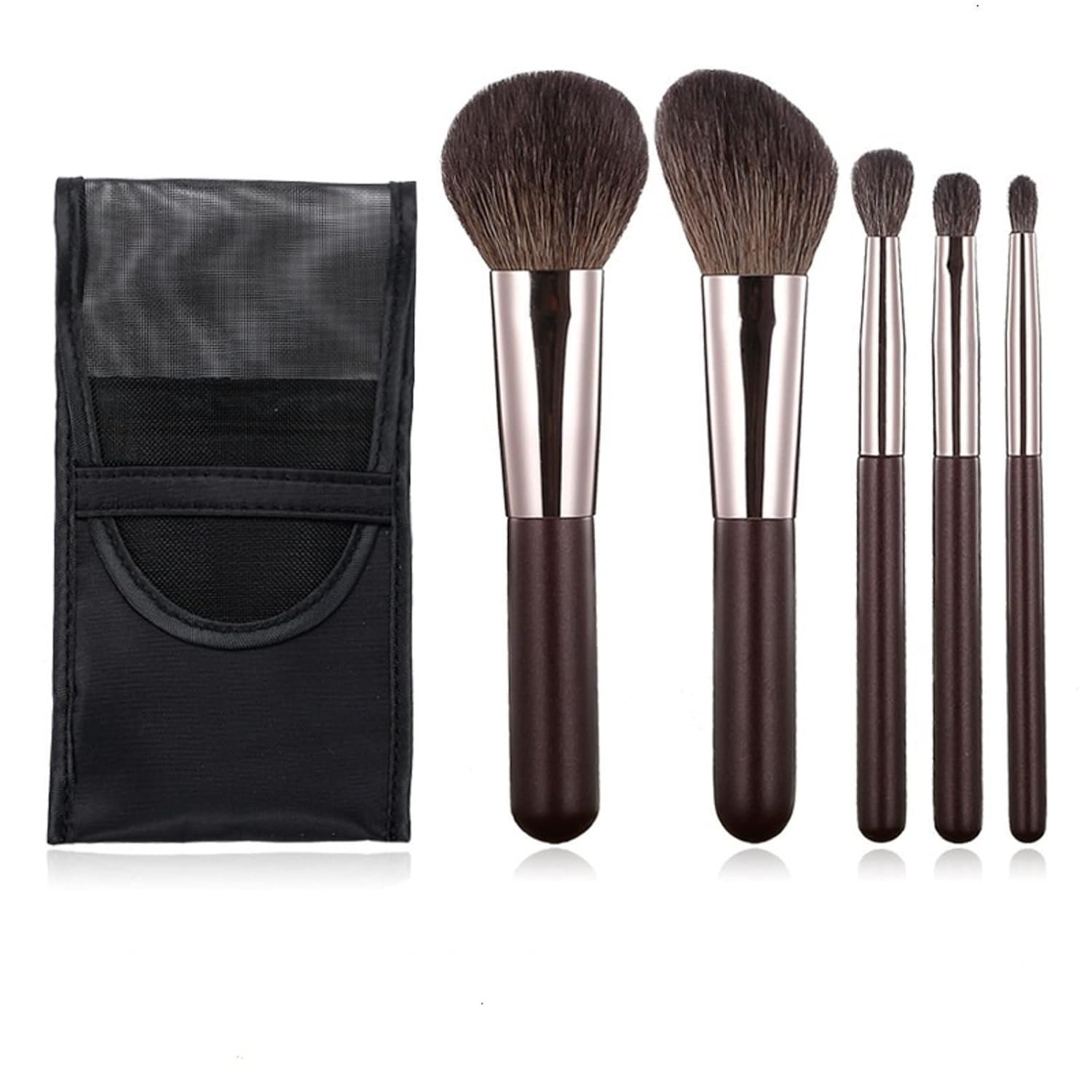 Travel Makeup Brushes Set w/Pouch, Portable 5PCS Professional Premium Goat Hair Cosmetic Brushes Kit for Powder Blush Concealers Contouring Highlighting