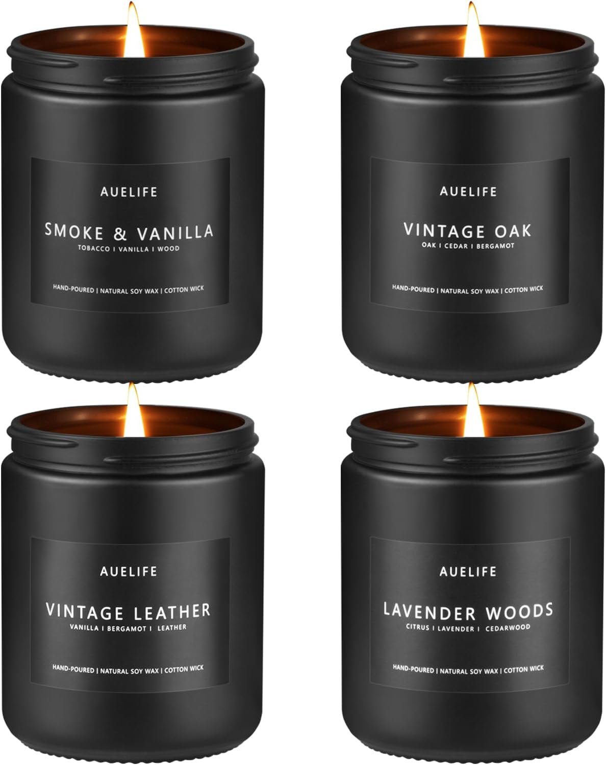 Candles for Men Gift Set, 4 Pack Soy Wax, Masculine | Men’s aromatherapy candles; home scented ; long lasting 200-hr burn total; smoke&vanilla, leather,oak,lavender wood