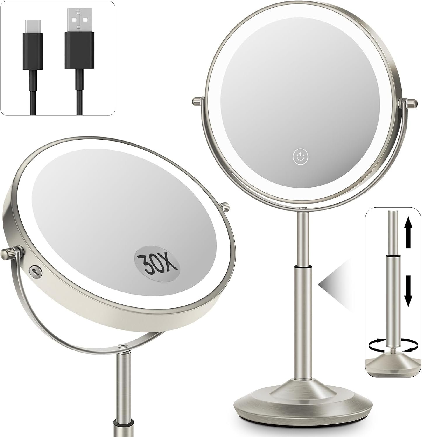 8″ Lighted Makeup Mirror with Light,30X Magnifying Height Adjustable Mirror | 3000mAh Rechargeable Battery Vanity Mirrors with 3 LED Lighting Dimmable for Desk Dresser Office Women Gift