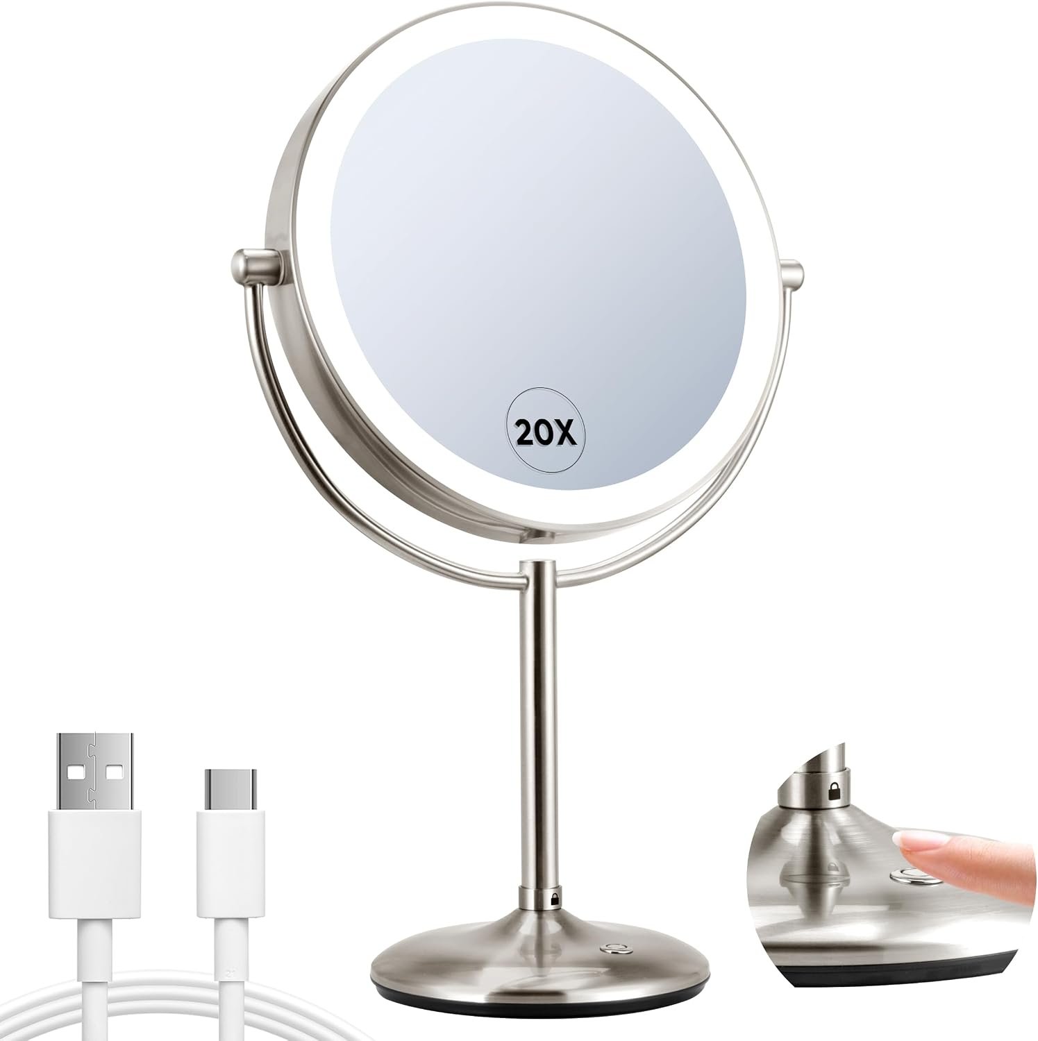 9″ Lighted Makeup Mirror, 1X/20X Rechargeable Magnifying Mirror | Base Touch Control & Charging, 3 Color Dimmable Lights, for Bedroom Tabletop, Gifts for Women
