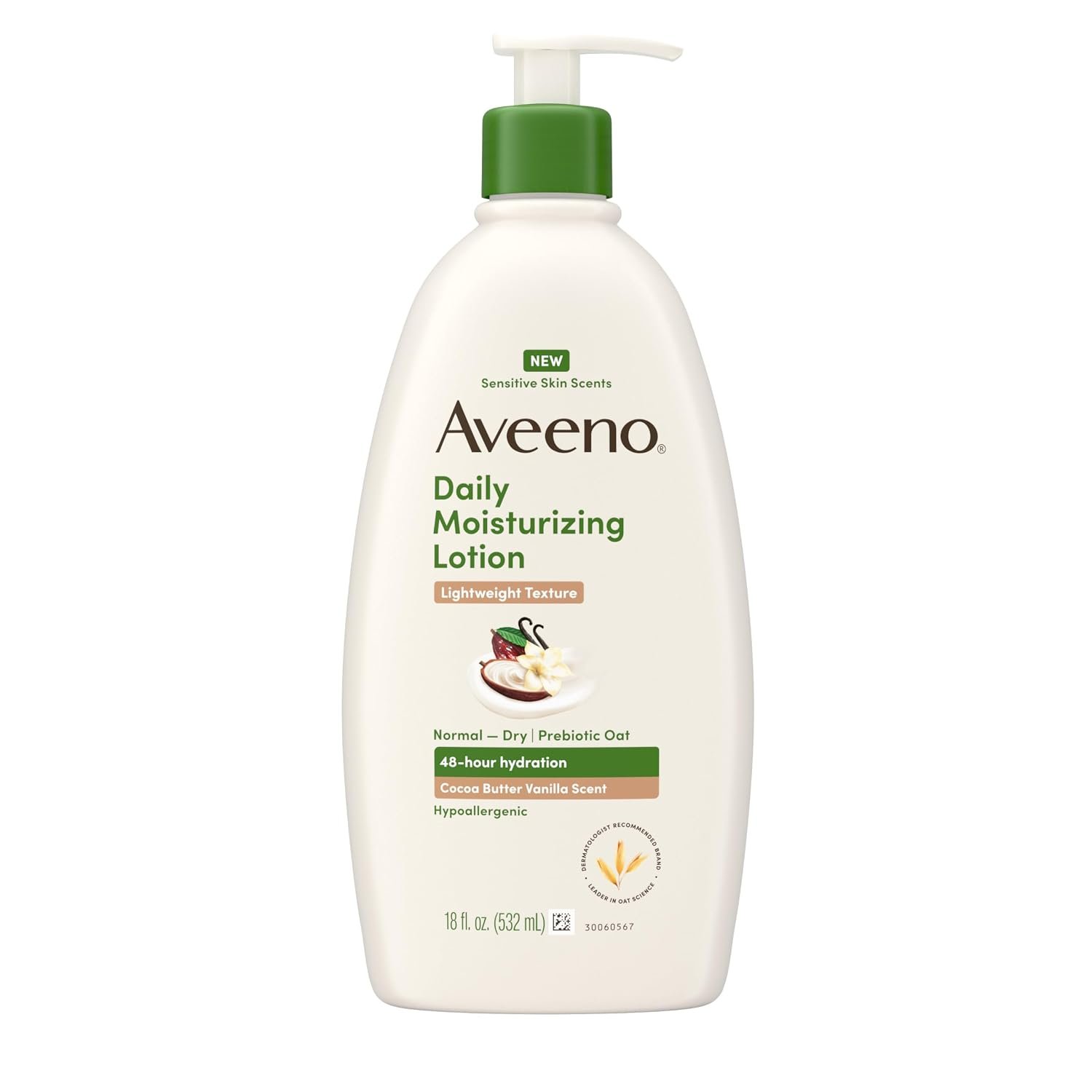 Aveeno Daily Moisturizing Lotion, Cocoa Butter Vanilla, 18 fl. oz | Cocoa Butter Vanilla Scent, Soothing Prebiotic Oat, Lightweight Lotion, 48-Hour Hydration for Sensitive Skin, Hypoallergenic