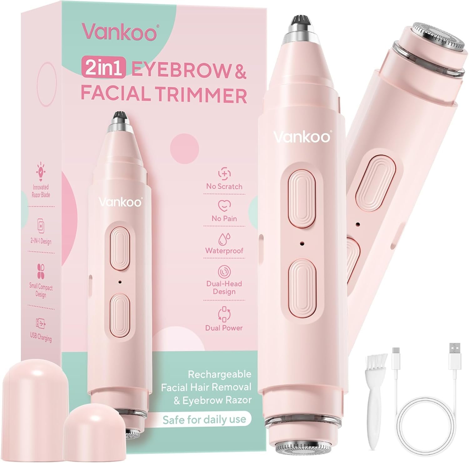 Vankoo 2 in 1 Facial Hair Remover & Eyebrow Trimmer for Women (Pink) | Electric Face Shaver & Epilator for Face Painless Flawless Facial Hair Removal for Women Peach Fuzz & Upper Lip Hair Remover