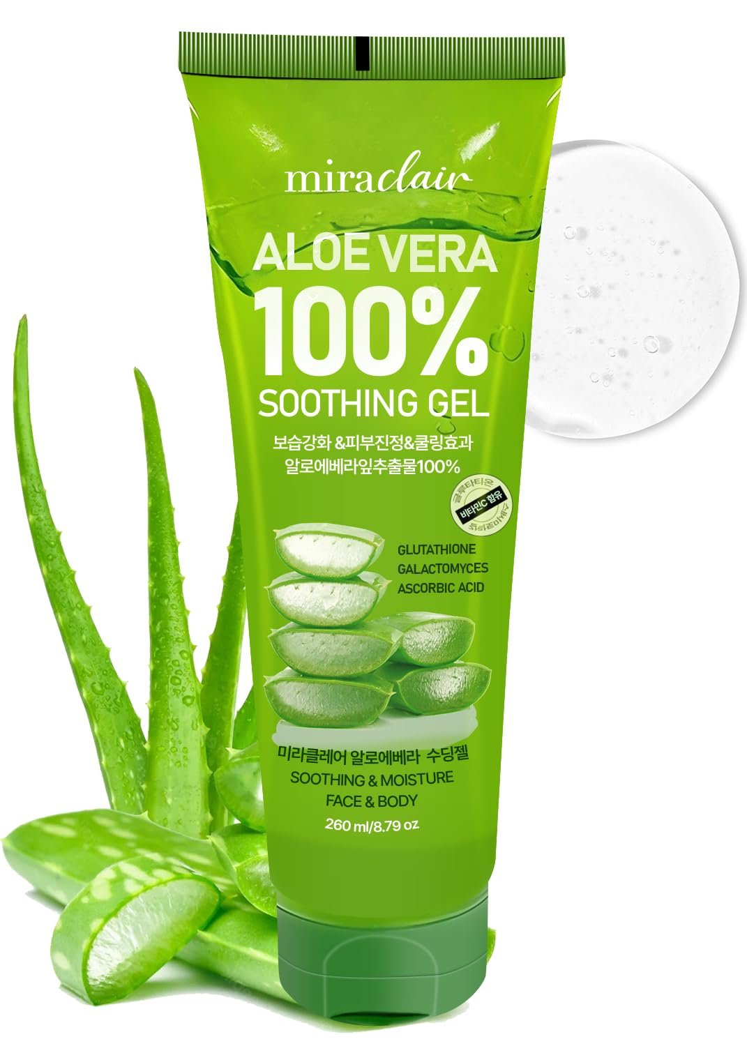 MIRACLAIR Aloe Vera Gel for Face, Skin & Hair, 100% Pure, 8.79 Fl Oz | Moisturizer, Multipurpose, Hydrating Aloe Gel, Travel Size