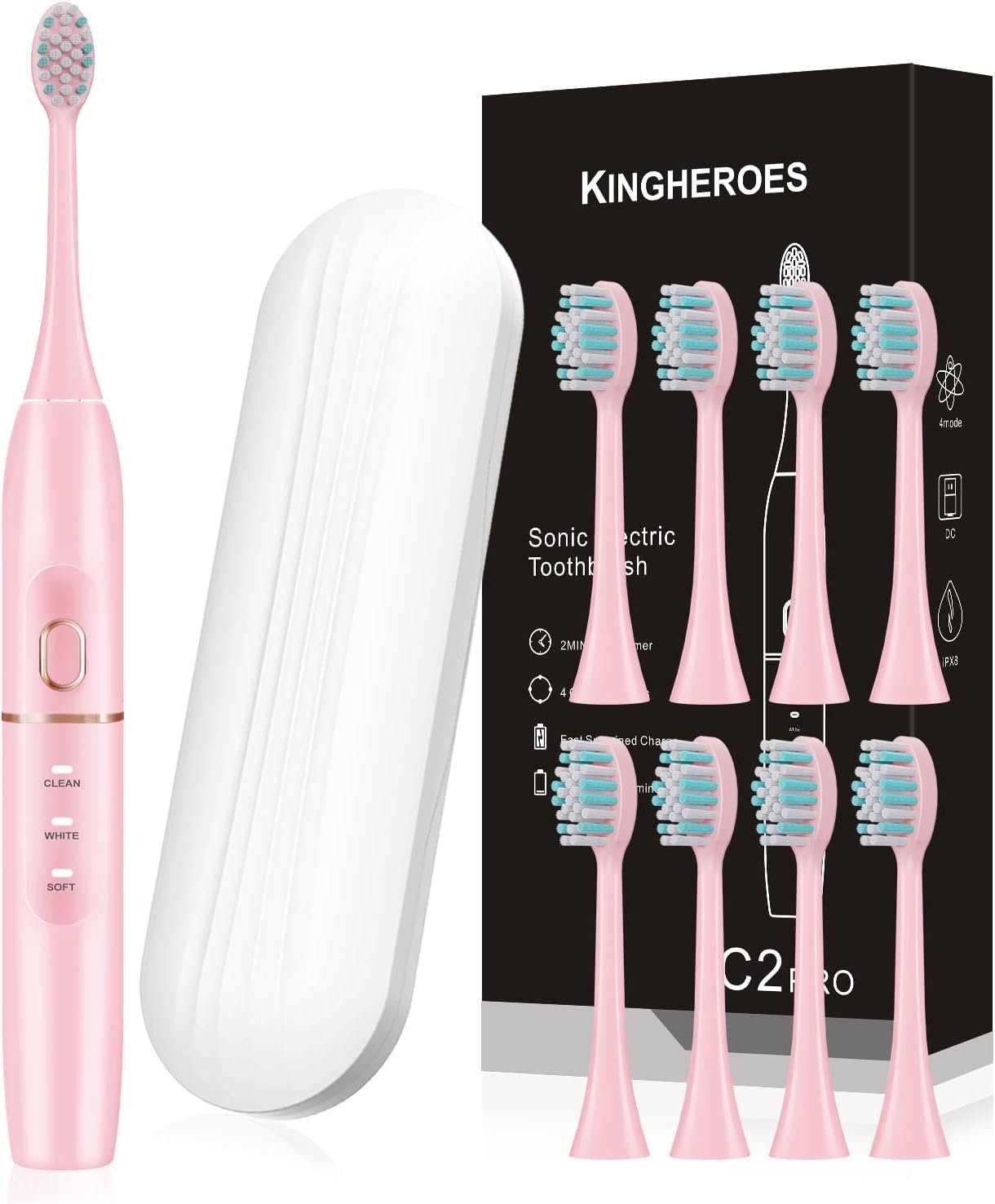 kingheroes Electric Toothbrush Set, Comes with 8 Brush Heads & Travel Case,4 Modes with 2 Minutes Built in Smart Timer, One Charge for 60 Days, 42000 VPM Motor (Pink)