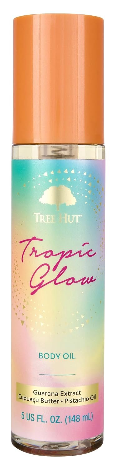Tree Hut Tropic Glow Moisturizing Body Oil, 5 Fl Oz | Hydrating Oil for Soft & Glowing Skin, Notes Almond, Amber, & Sandalwood, Enriched w/ Cupuaçu Butter, Guarana, Pistachio Oil
