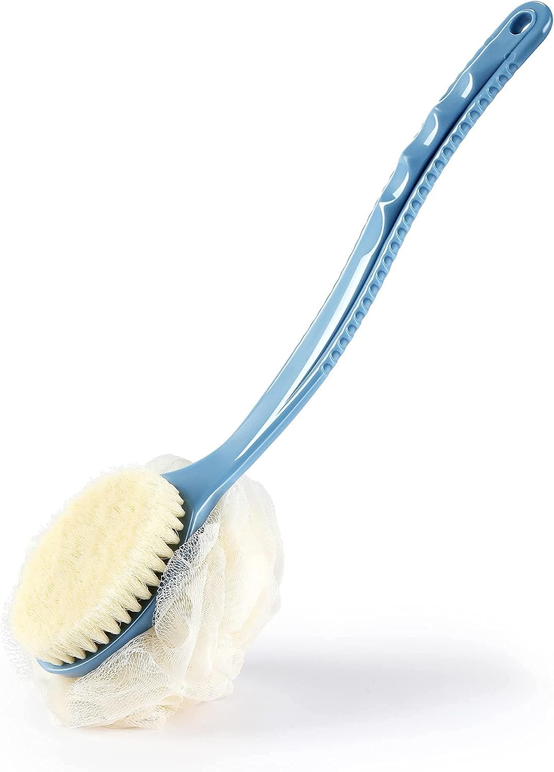 Shower Body Brush Bristles & Mesh Loofah Sponge,Curved Handle Back Scrubber | Long Handle Bath Brush with Mesh Sponge for Skin Exfoliating,Massage Bristles Suitable for Wet or Dry,Men & Women(Blue)