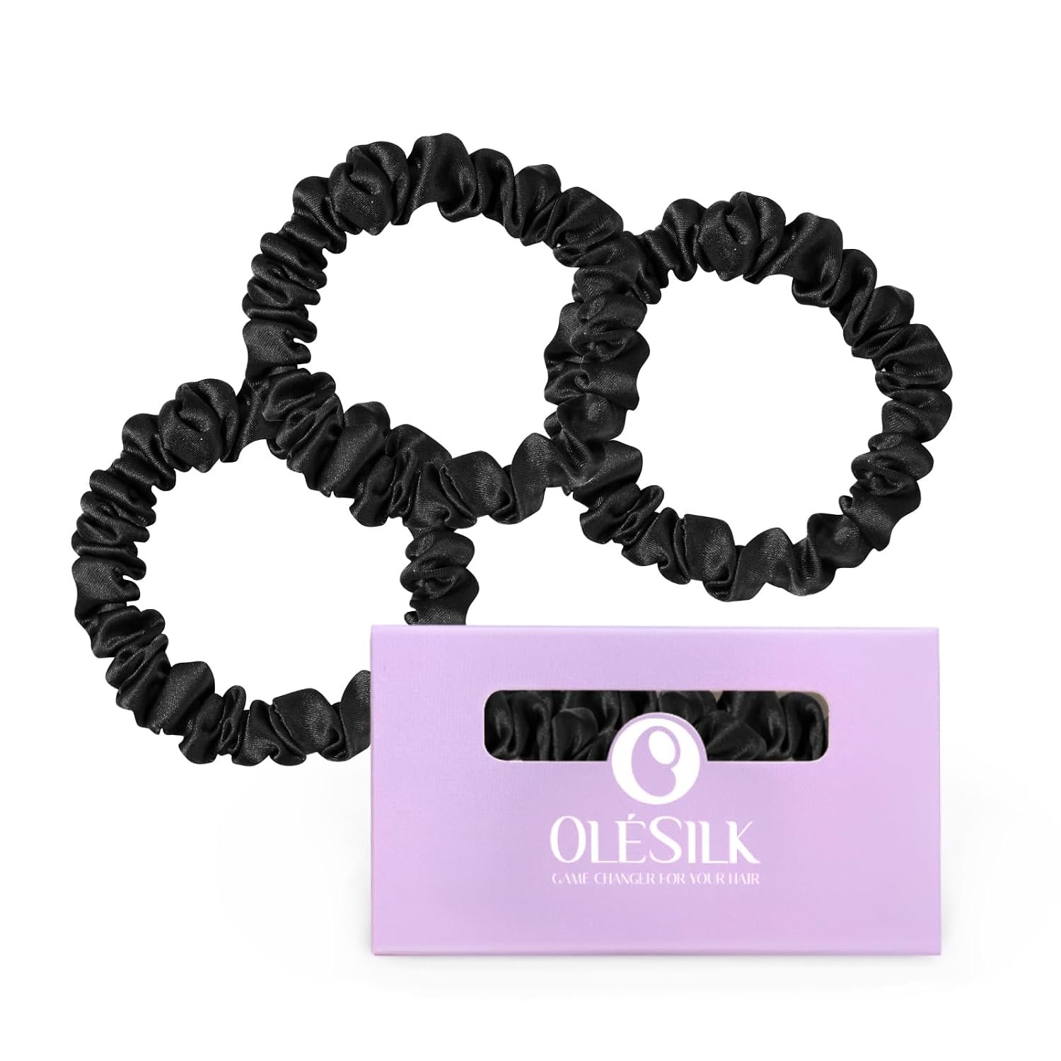 OLESILK 100% Mulberry Silk Hair Ties No Damage Scrunchies for Women, 3 Pack | No Pull Soft Smooth, No Crease No Dent, Skinny Gentle for Thin Fine Thick Curly Hair, All Day Hold, Sleep Friendly, Black