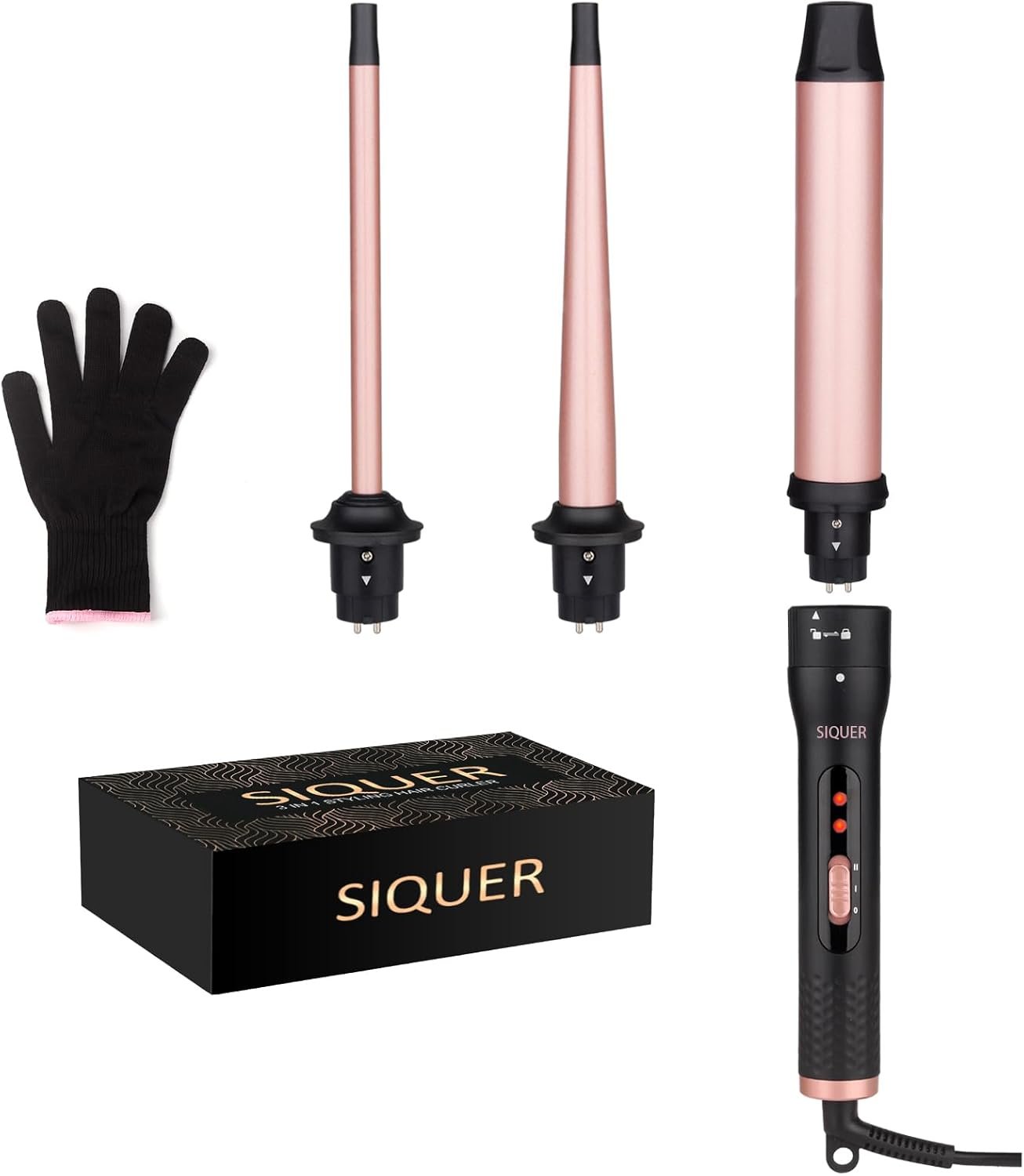 3 in 1 Curling Wand Set – SIQUER Hair Waver Curling Iron for Women | 3 Interchangable Ceramic Beach Waves Wands 1/2 Inch to 1 1/4 Inch Fast Heating Up Hair Curler with Box (Rose, Black)