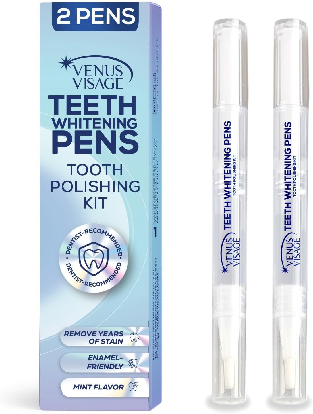 Venus Visage Teeth Whitening Pen and Tooth Polishing Kit (Pack of 2) – Professional Teeth Whitening Gel, 30+ Uses, Low Sensitivity, Enamel-Safe Mint Formula – Removes Coffee, Wine & Tobacco Stains