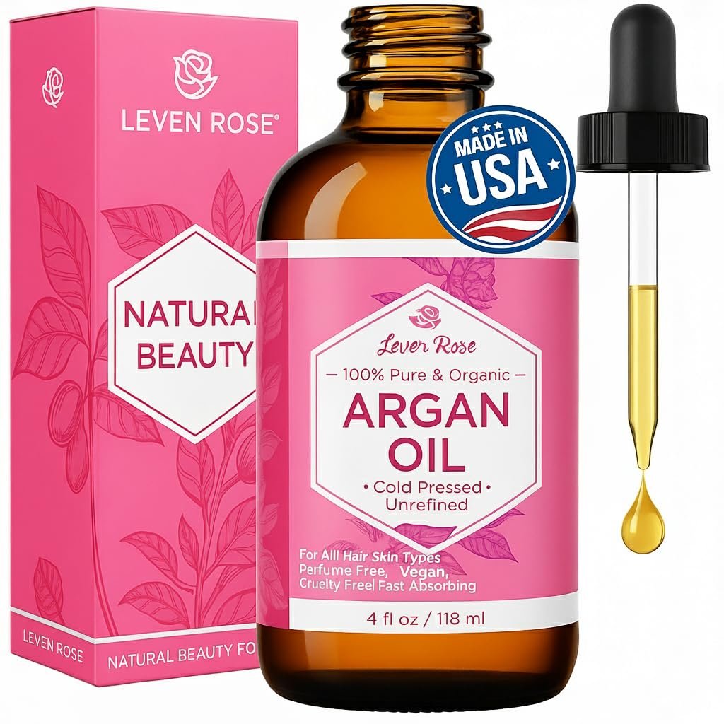 Leven Rose Organic Argan Oil for Hair, Face and Skin – 4 oz 100% Pure Moroccan Cold-Pressed Organic
